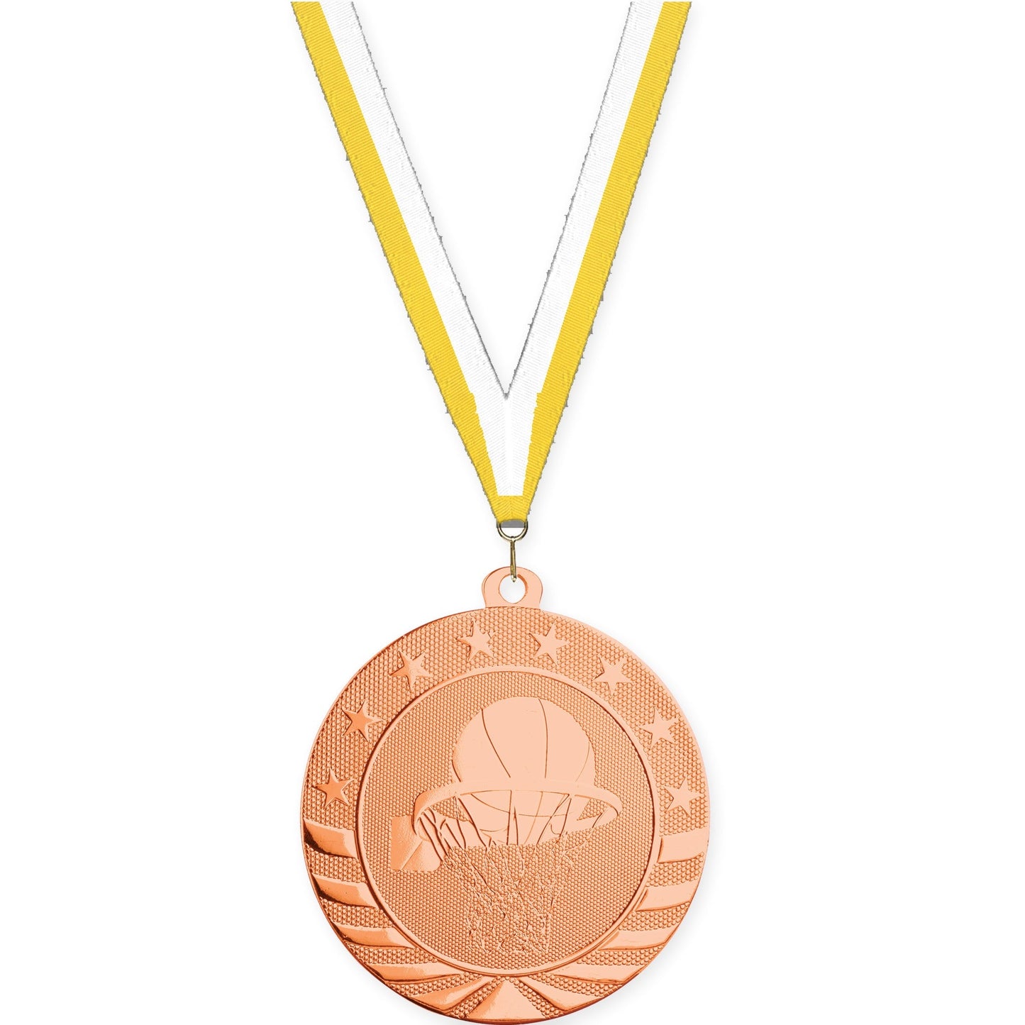 2 3/4 inch basketball Starbrite medal in bright bronze with Yellow White neck ribbon