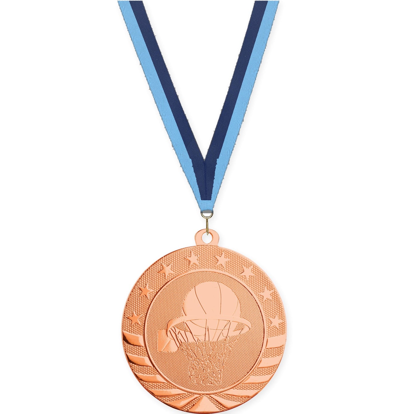 2 3/4 inch basketball Starbrite medal in bright bronze with Light Blue Navy neck ribbon