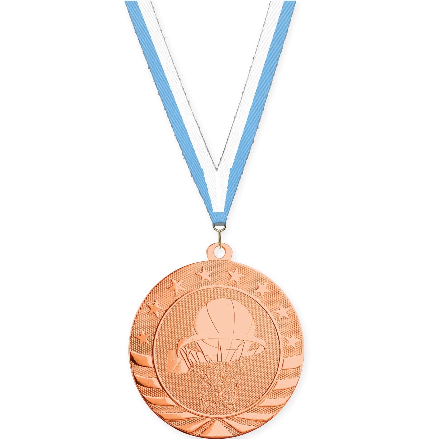 2 3/4 inch basketball Starbrite medal in bright bronze with Light Blue White neck ribbon