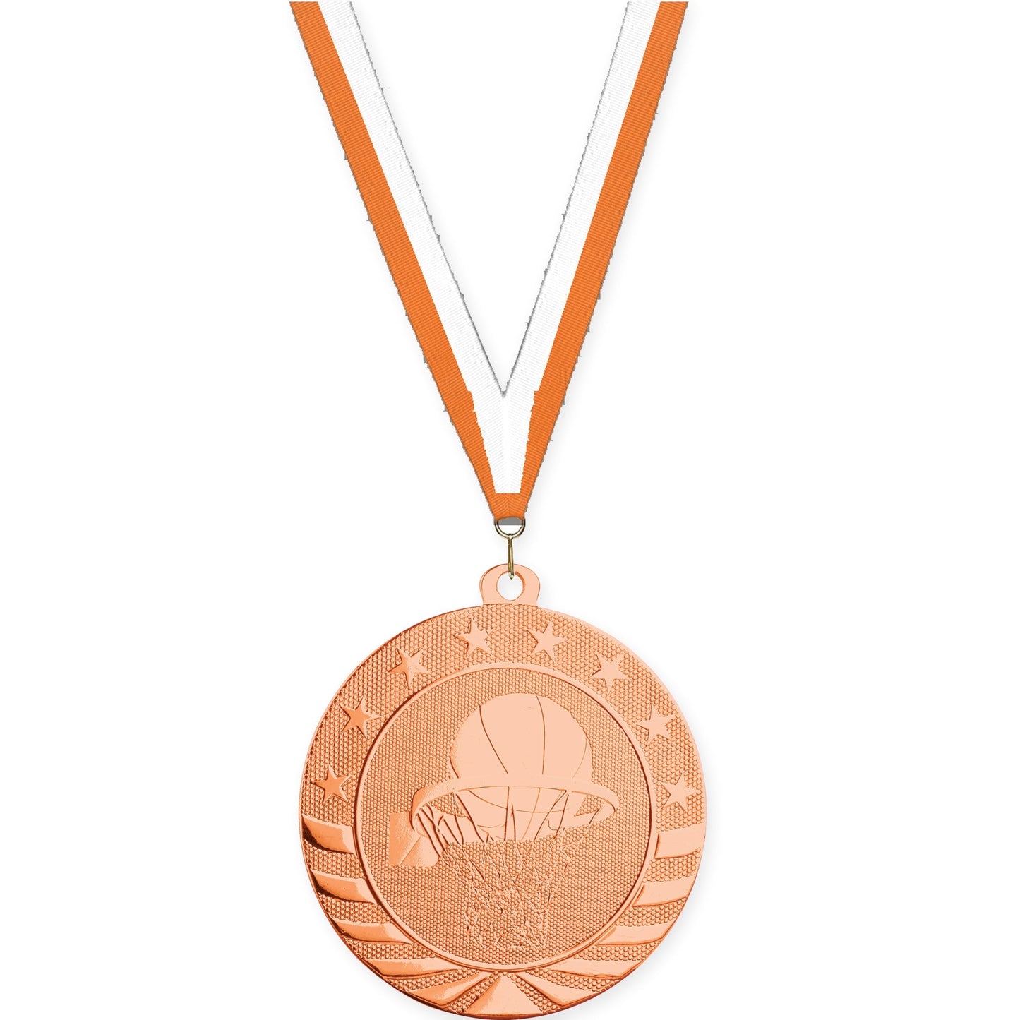 2 3/4 inch basketball Starbrite medal in bright bronze with Orange White neck ribbon