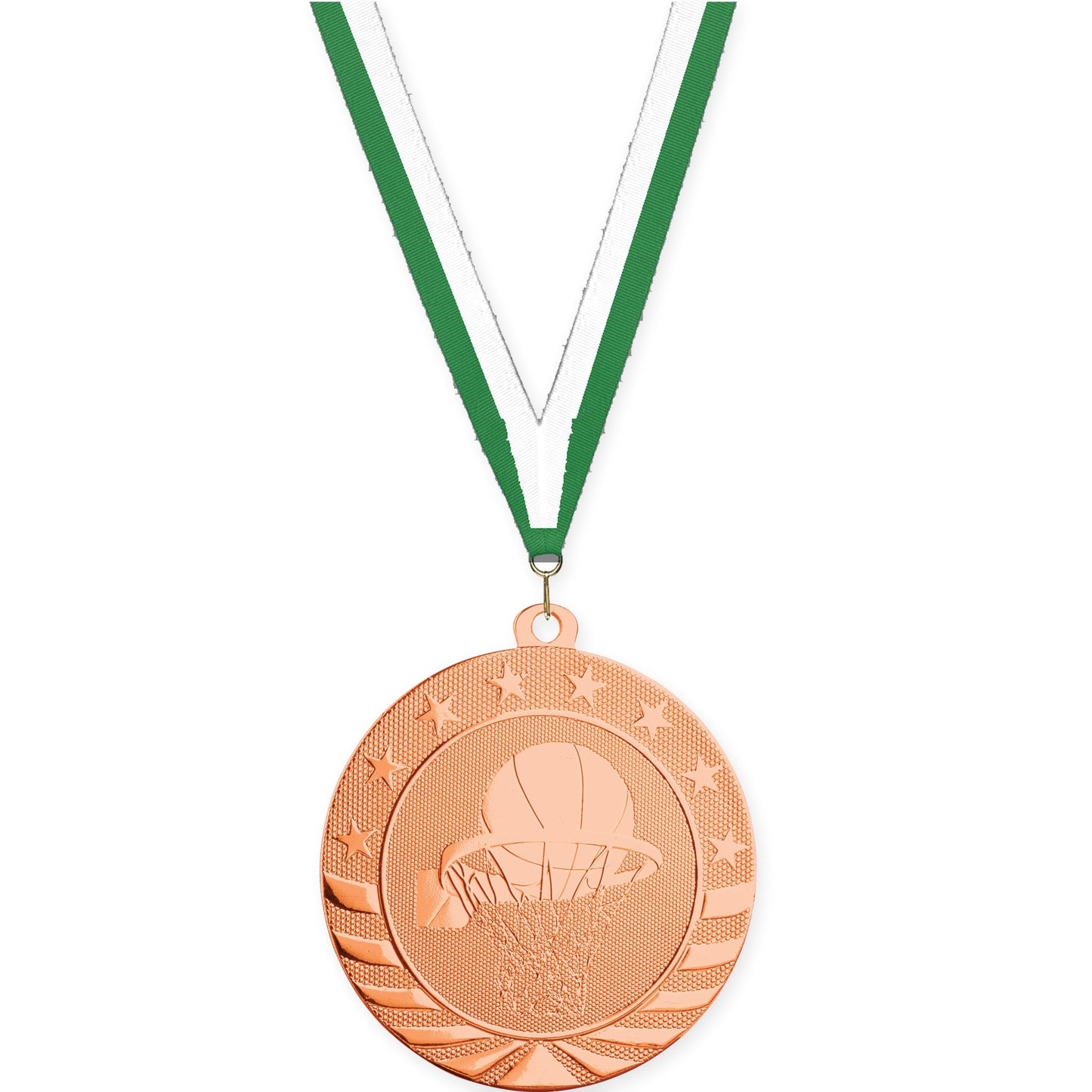 2 3/4 inch basketball Starbrite medal in bright bronze with Green White neck ribbon