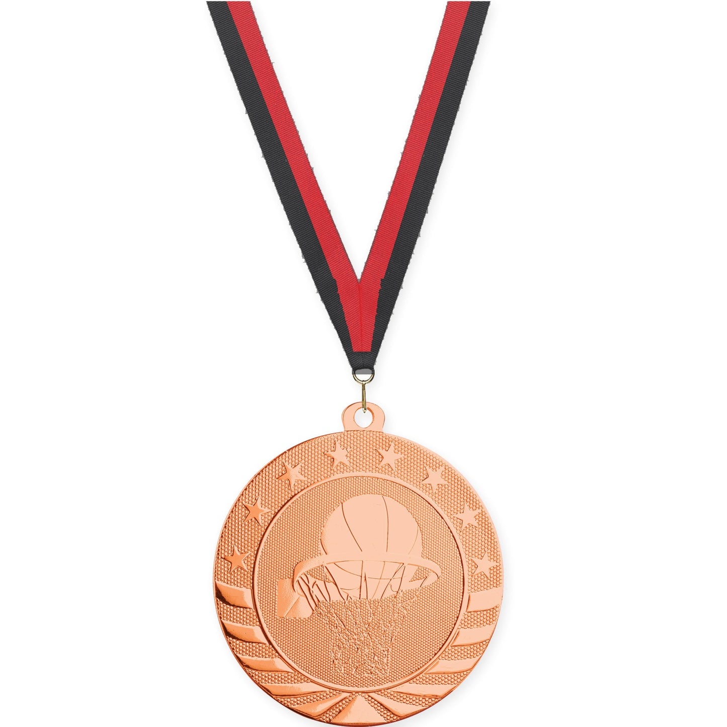 2 3/4 inch basketball Starbrite medal in bright bronze with Black Red neck ribbon