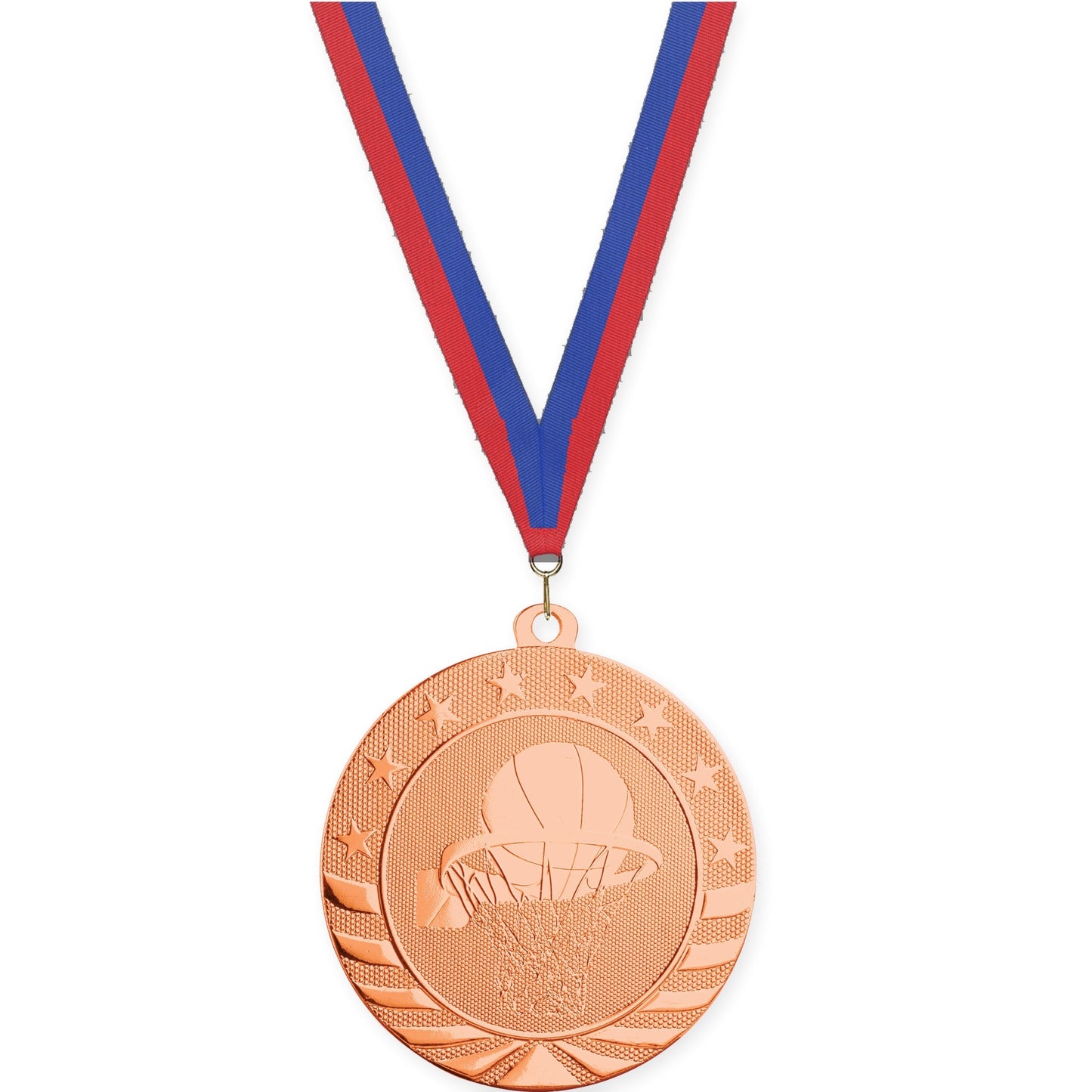 2 3/4 inch basketball Starbrite medal in bright bronze with Blue Red neck ribbon