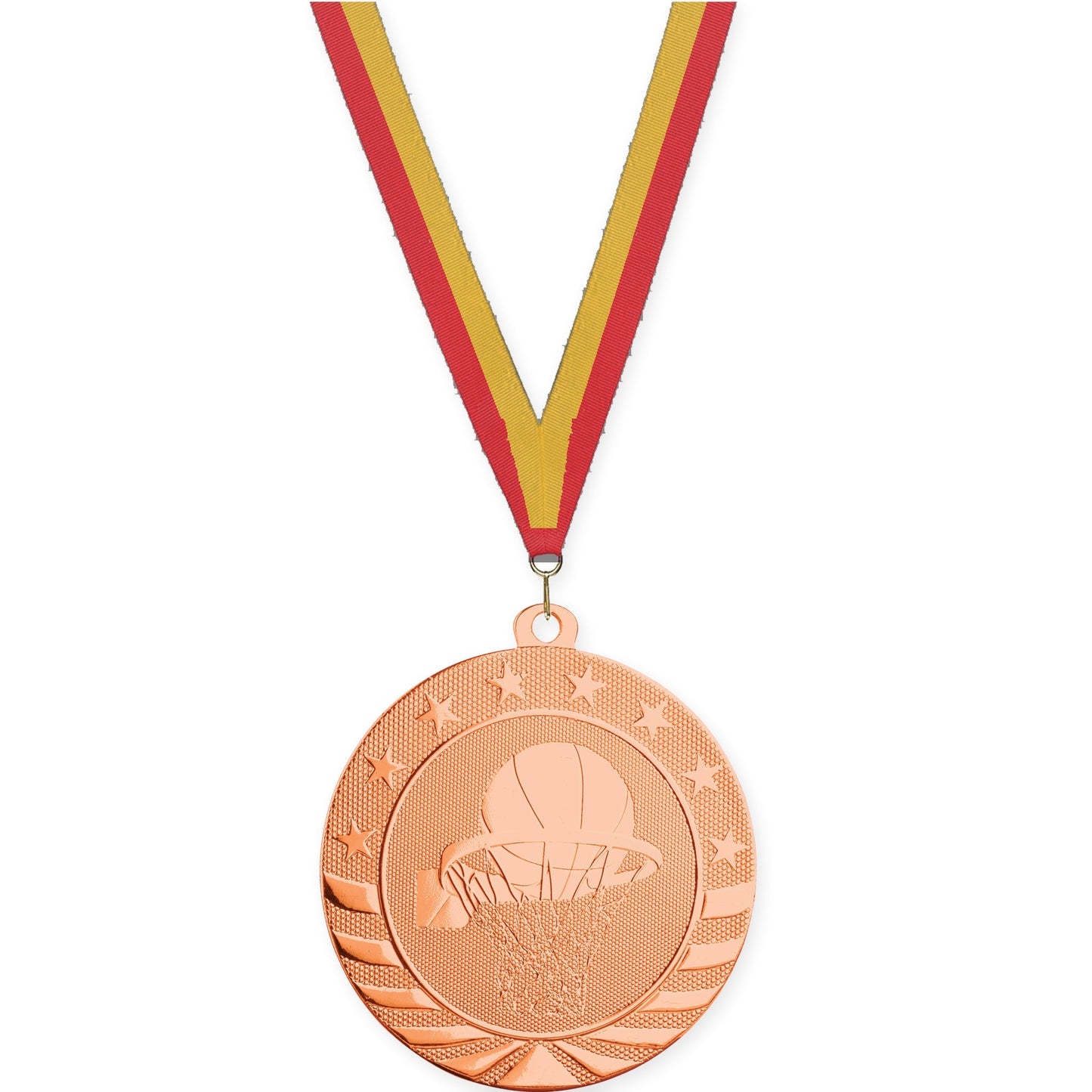 2 3/4 inch basketball Starbrite medal in bright bronze with Red Gold neck ribbon