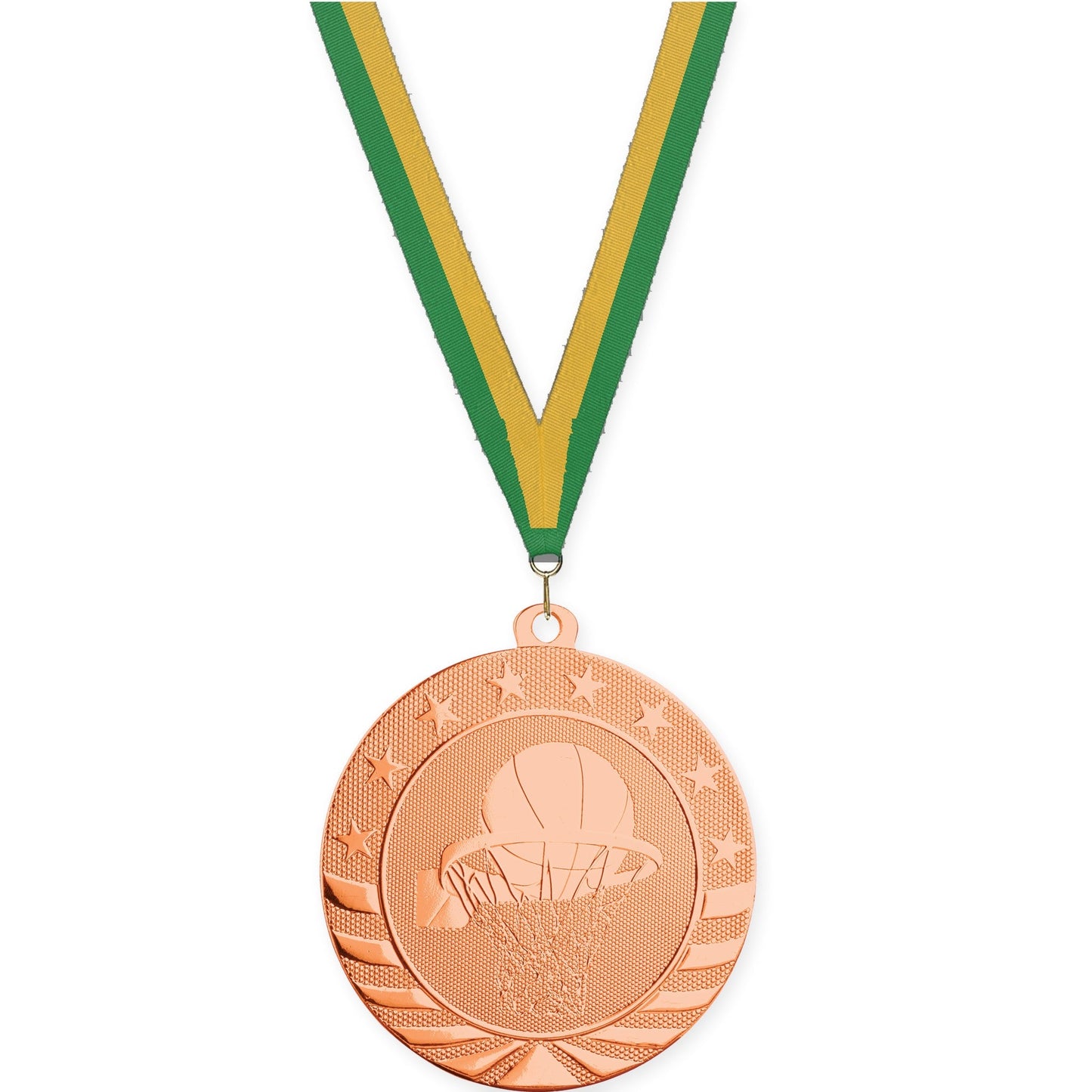 2 3/4 inch basketball Starbrite medal in bright bronze with Green Gold neck ribbon
