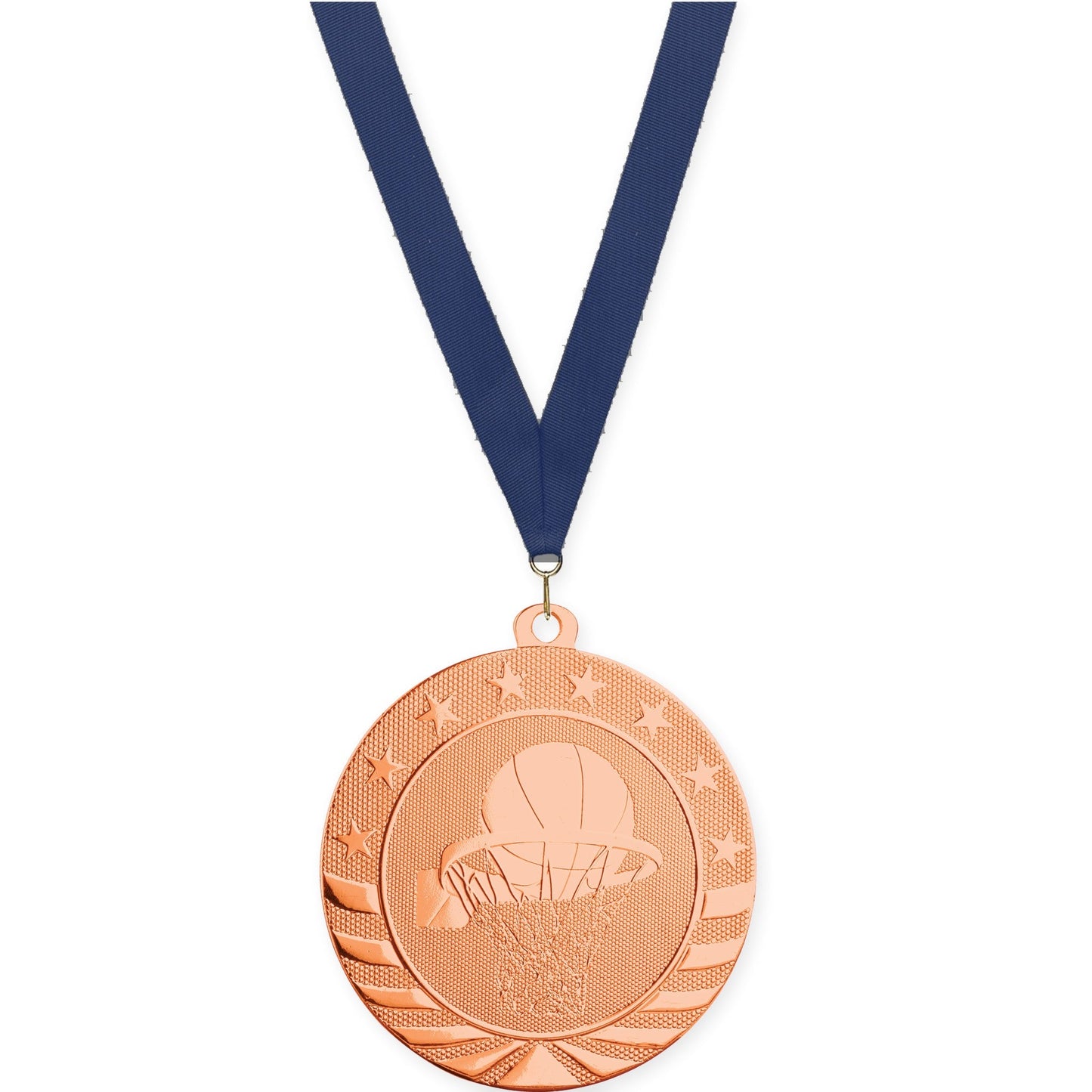 2 3/4 inch basketball Starbrite medal in bright bronze with Navy neck ribbon
