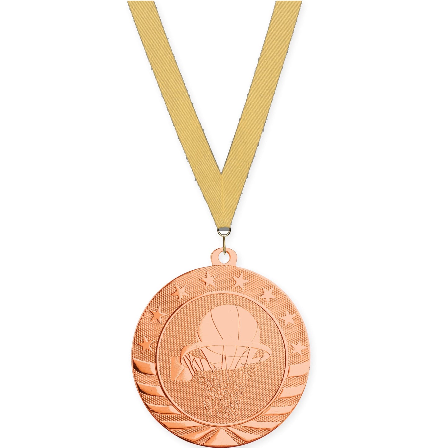 2 3/4 inch basketball Starbrite medal in bright bronze with Gold Metallic neck ribbon