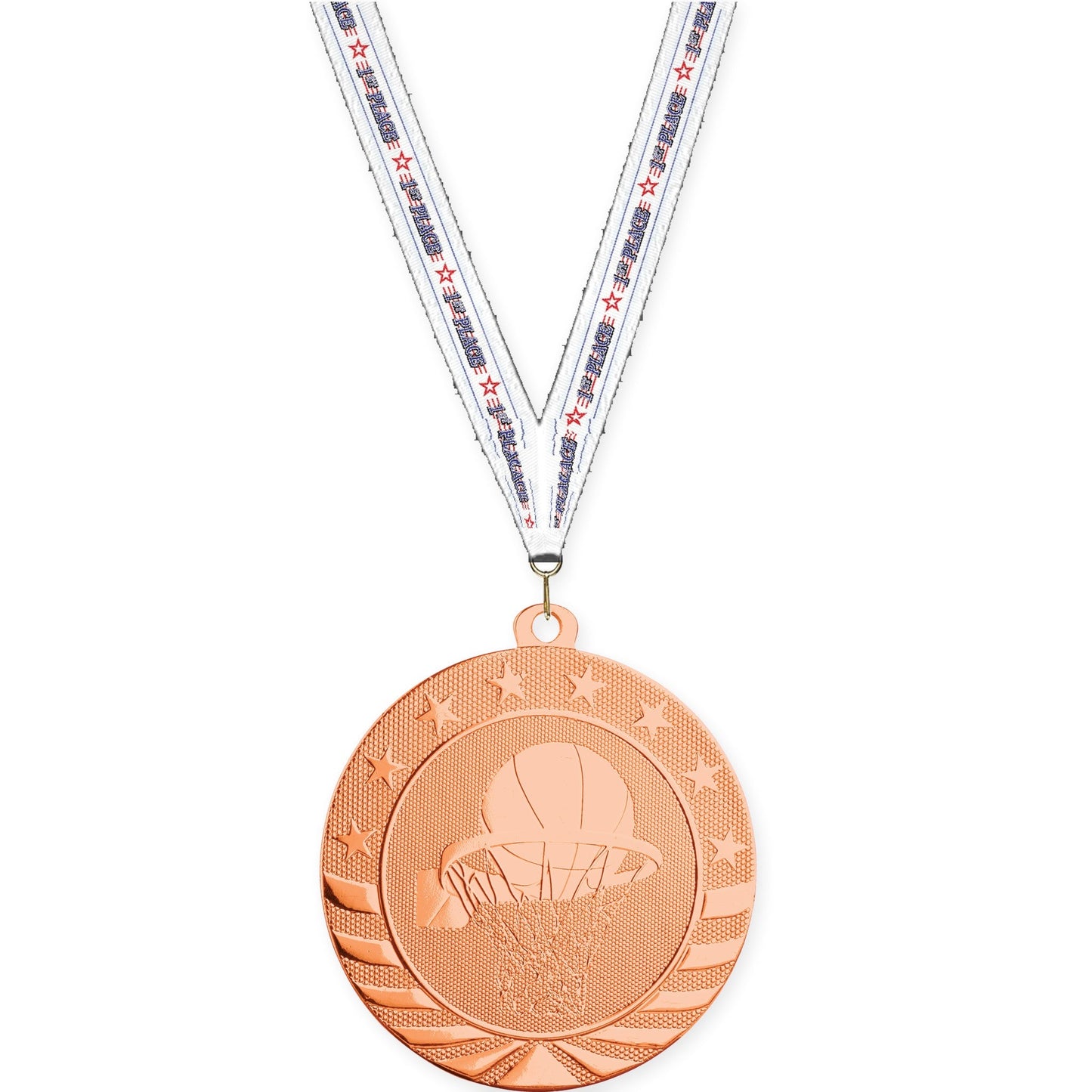 2 3/4 inch basketball Starbrite medal in bright bronze with 1st Place neck ribbon