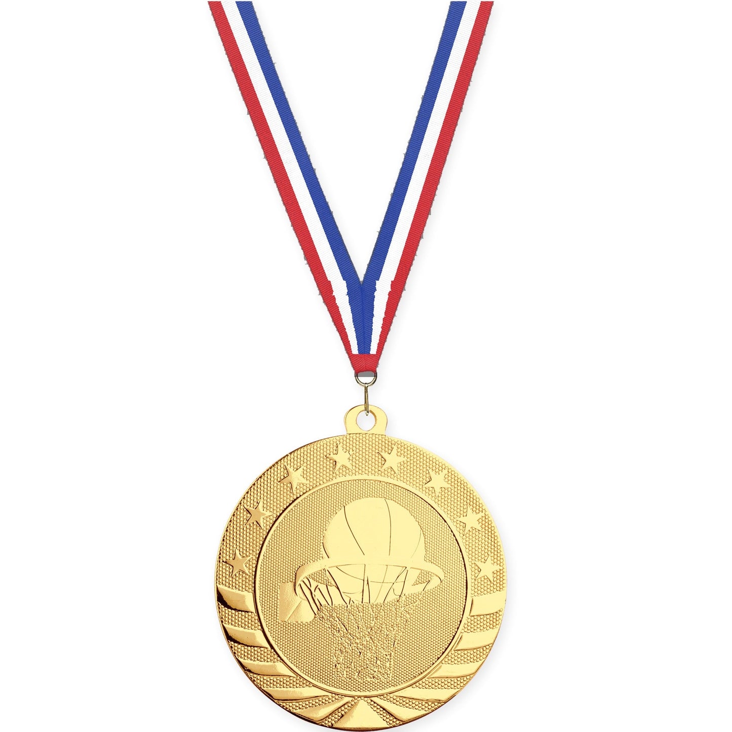 2 3/4 inch basketball Starbrite medal in bright gold with Red White Blue neck ribbon