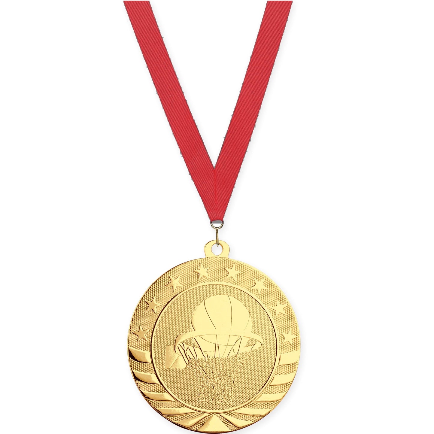 2 3/4 inch basketball Starbrite medal in bright gold with Red neck ribbon