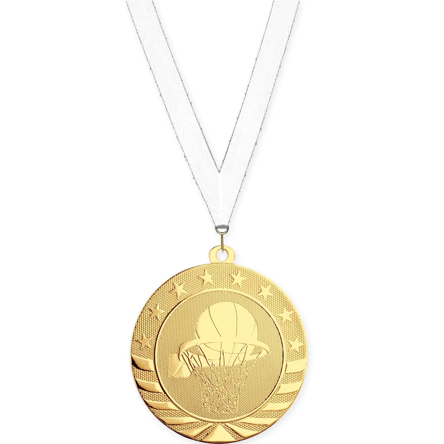 2 3/4 inch basketball Starbrite medal in bright gold with White neck ribbon