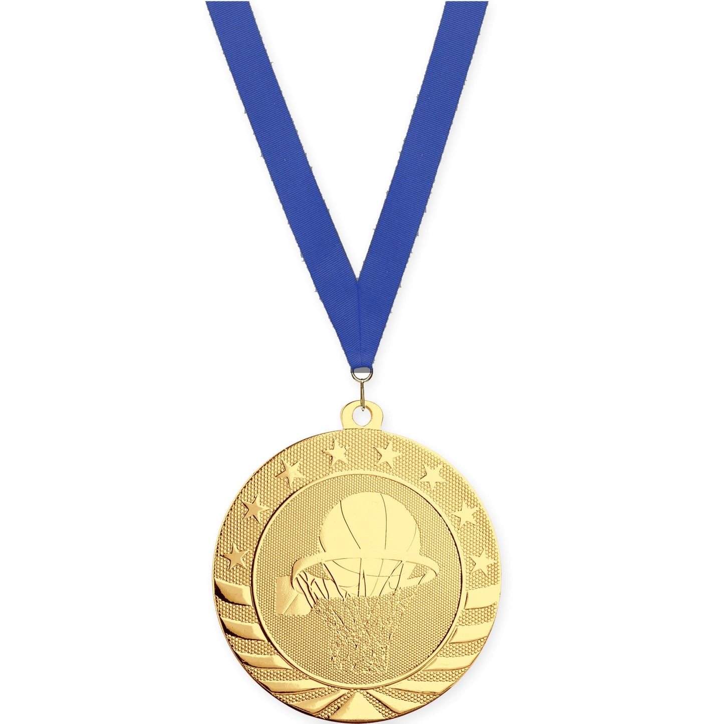 2 3/4 inch basketball Starbrite medal in bright gold with Blue neck ribbon