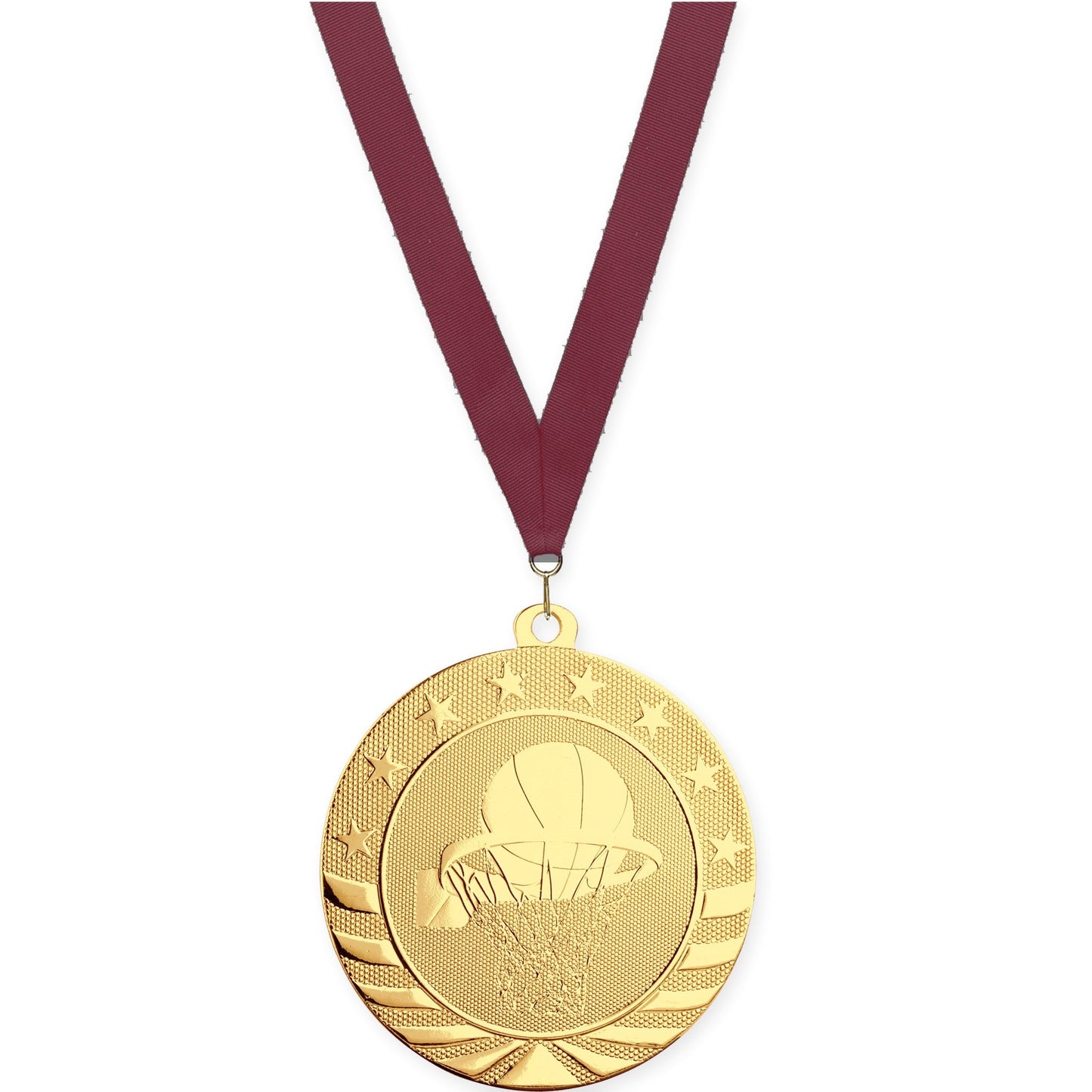2 3/4 inch basketball Starbrite medal in bright gold with Maroon neck ribbon