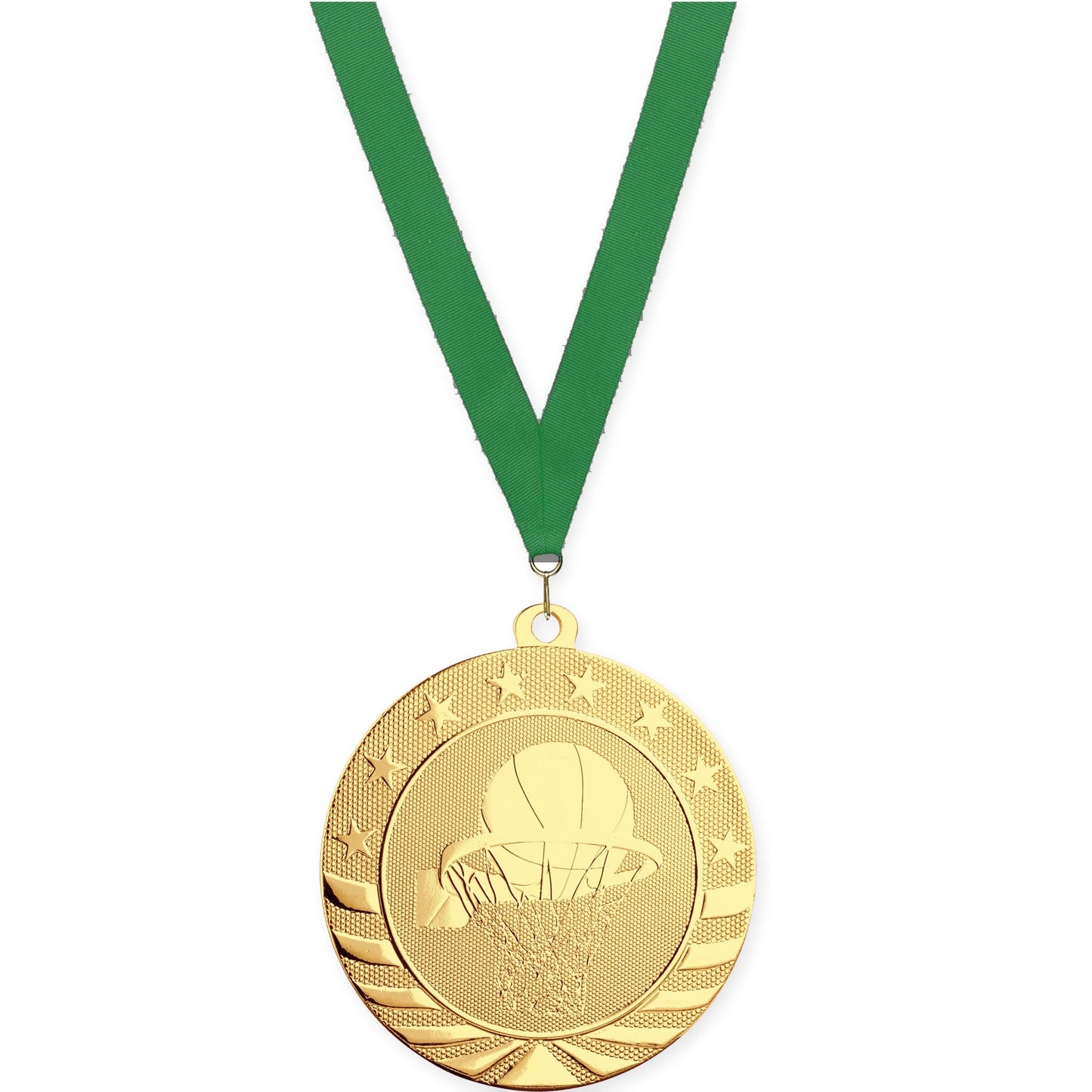 2 3/4 inch basketball Starbrite medal in bright gold with Green neck ribbon