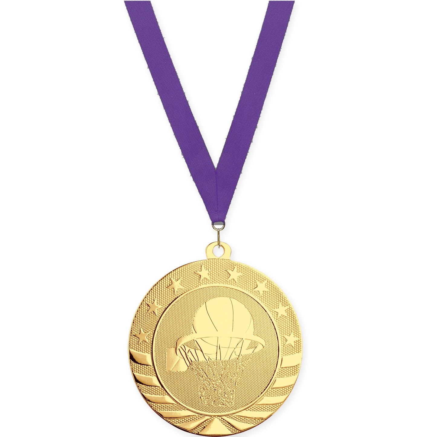 2 3/4 inch basketball Starbrite medal in bright gold with Purple neck ribbon
