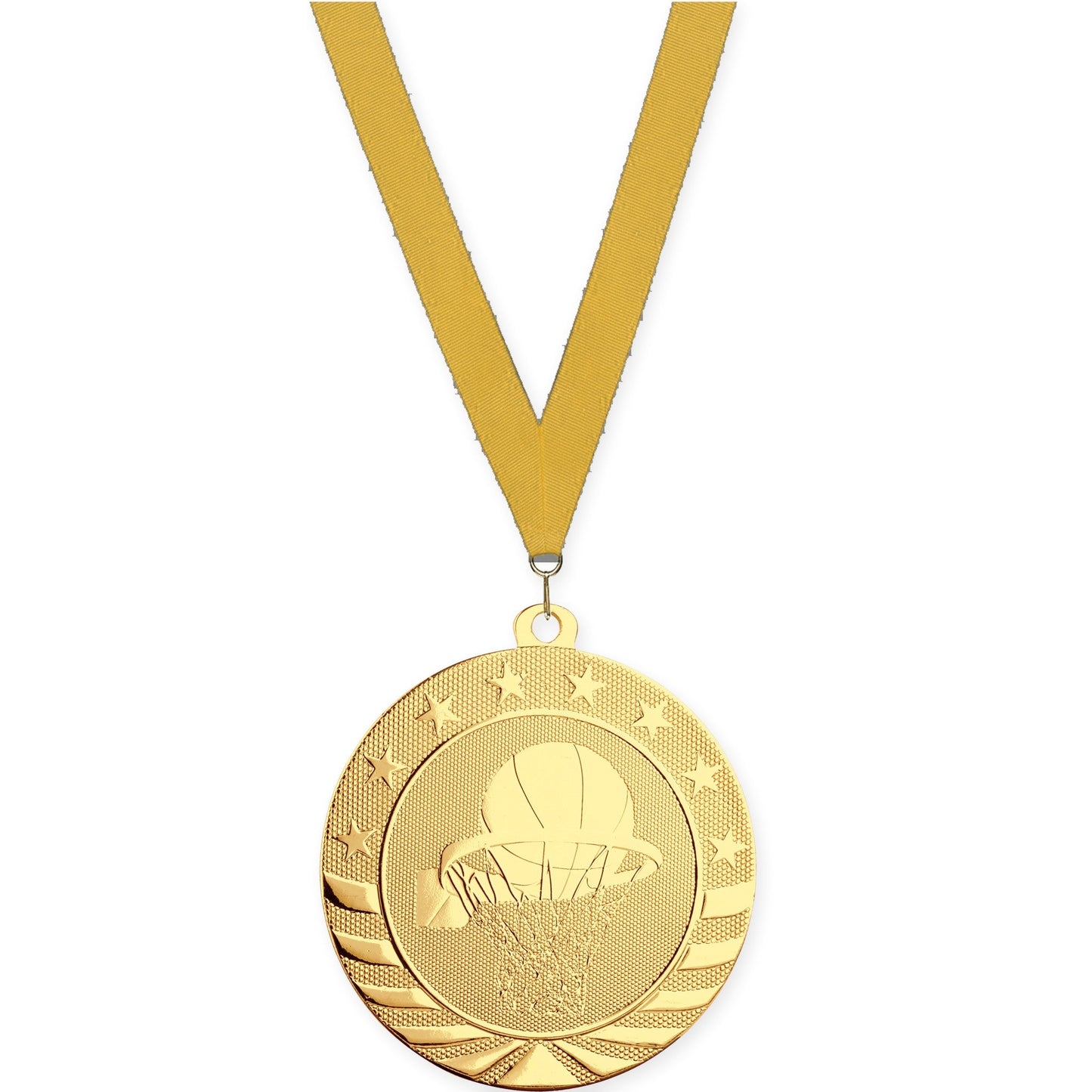 2 3/4 inch basketball Starbrite medal in bright gold with Gold neck ribbon