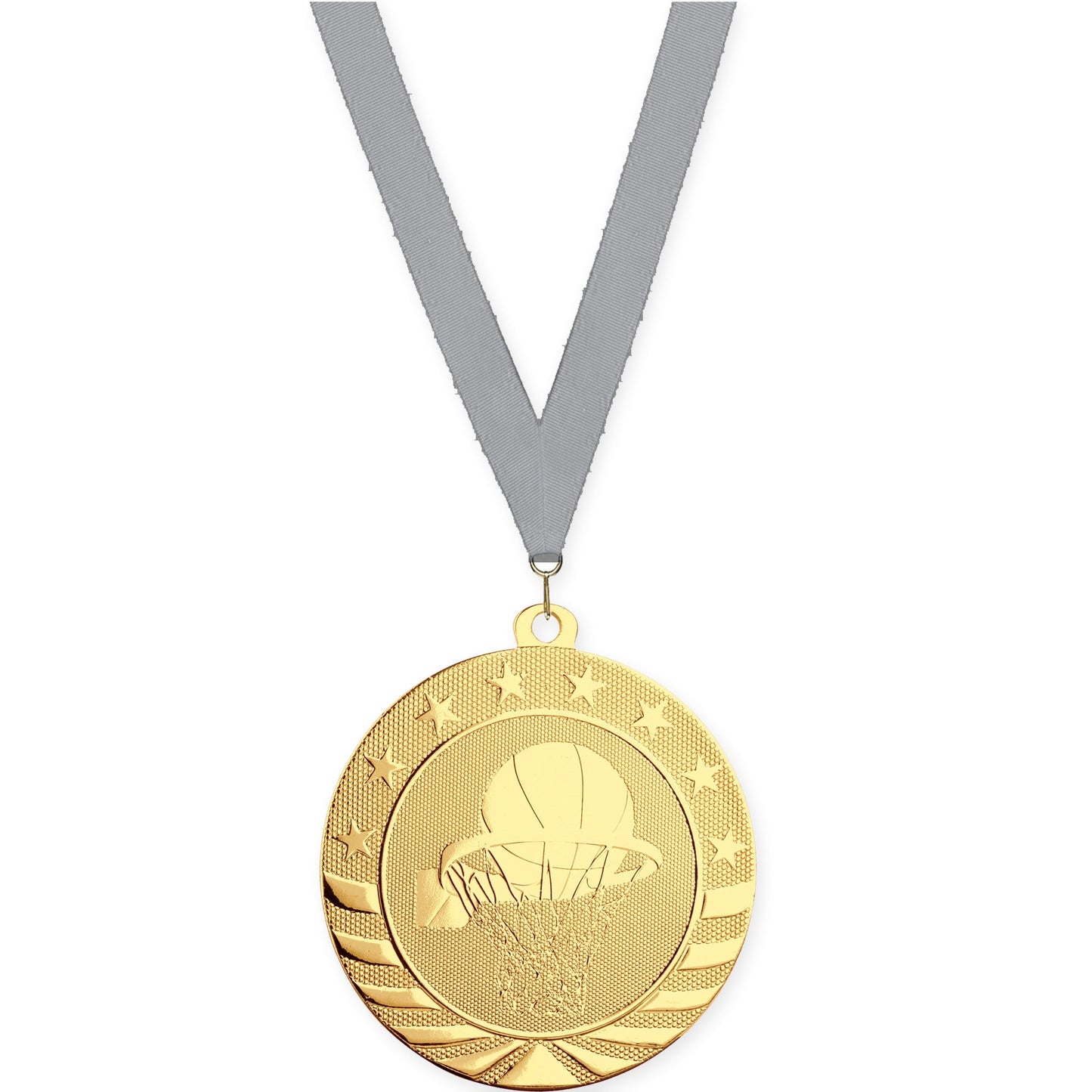 2 3/4 inch basketball Starbrite medal in bright gold with Gray neck ribbon