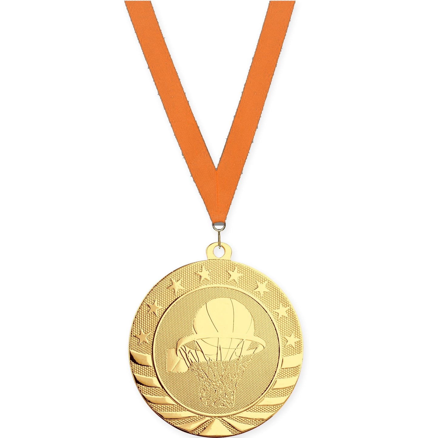 2 3/4 inch basketball Starbrite medal in bright gold with Orange neck ribbon
