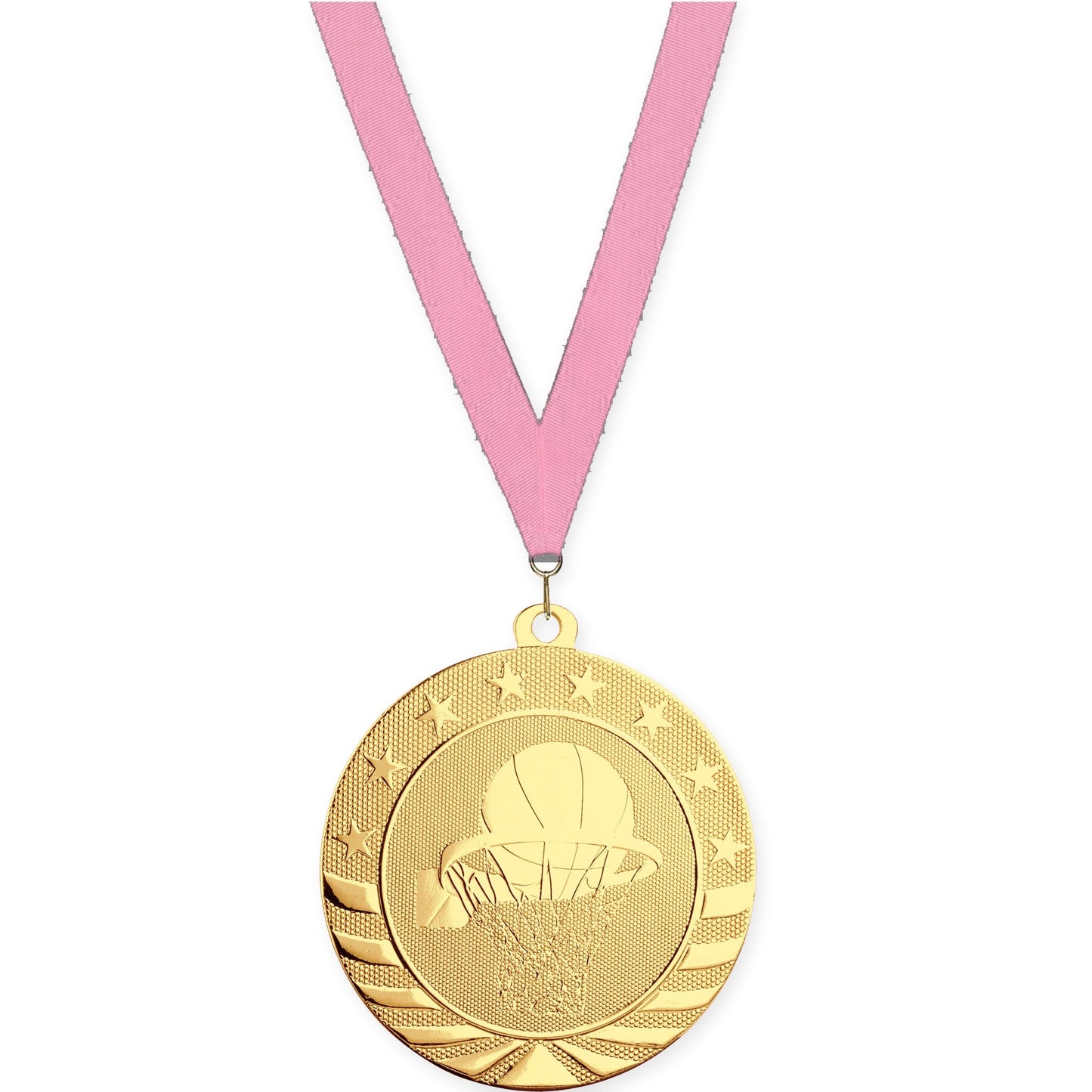 2 3/4 inch basketball Starbrite medal in bright gold with Pink neck ribbon