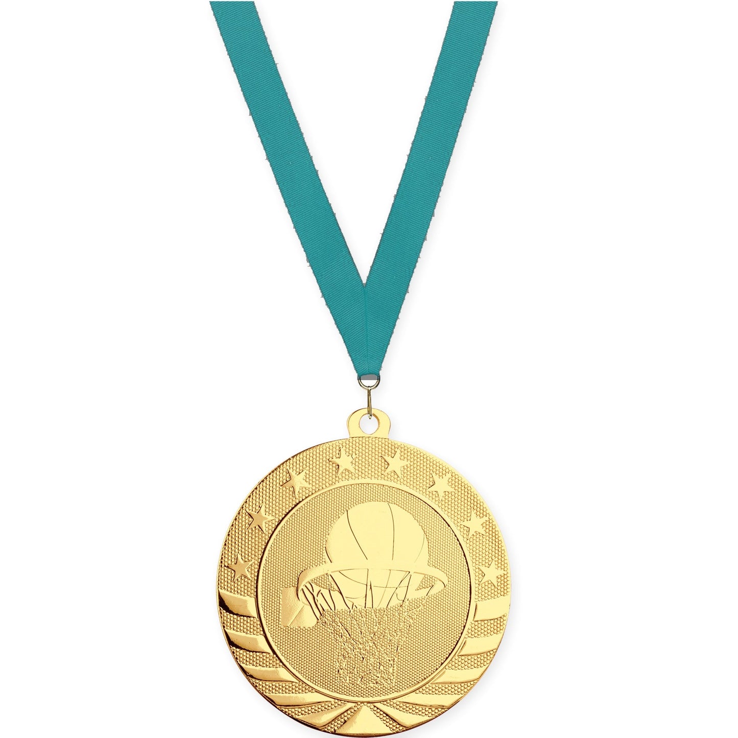 2 3/4 inch basketball Starbrite medal in bright gold with Teal neck ribbon