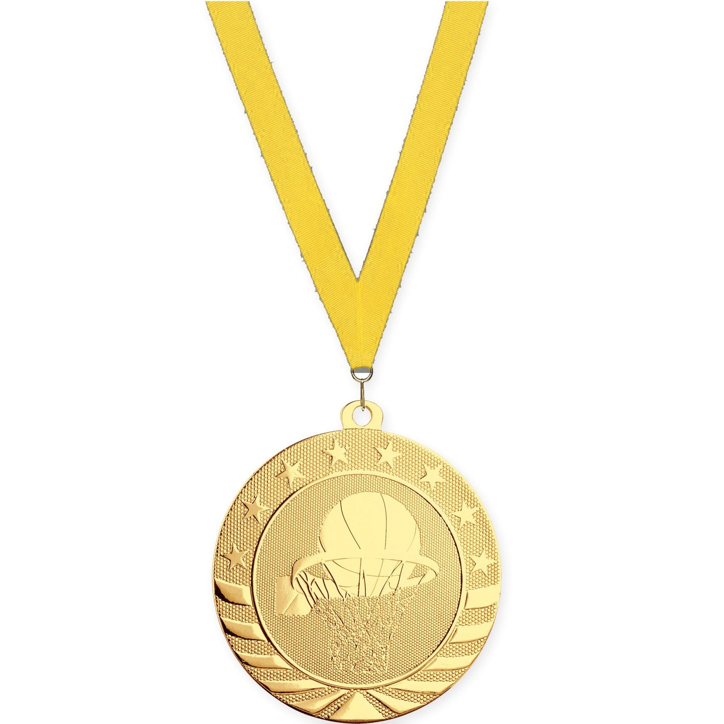 2 3/4 inch basketball Starbrite medal in bright gold with Yellow neck ribbon