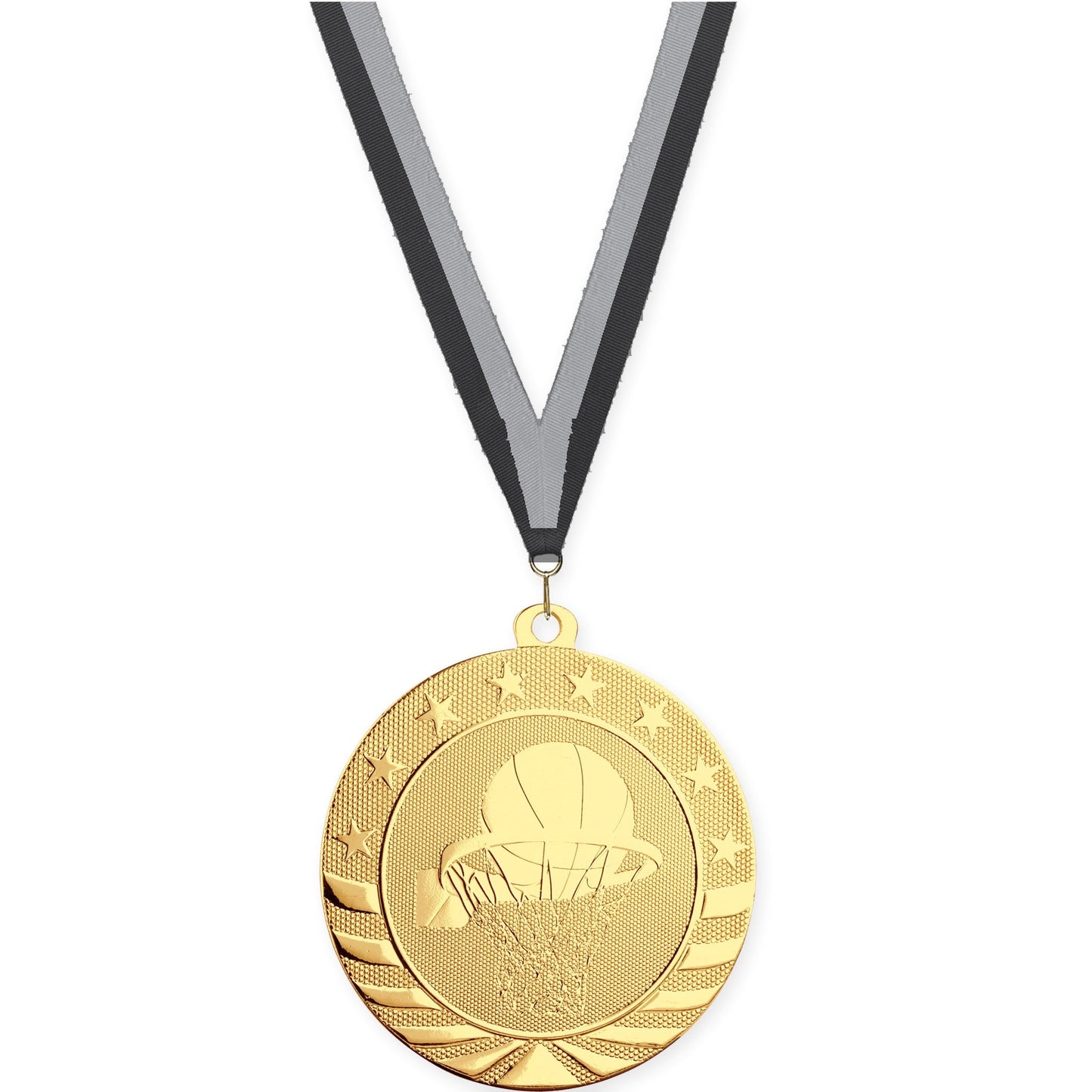 2 3/4 inch basketball Starbrite medal in bright gold with Black Gray neck ribbon