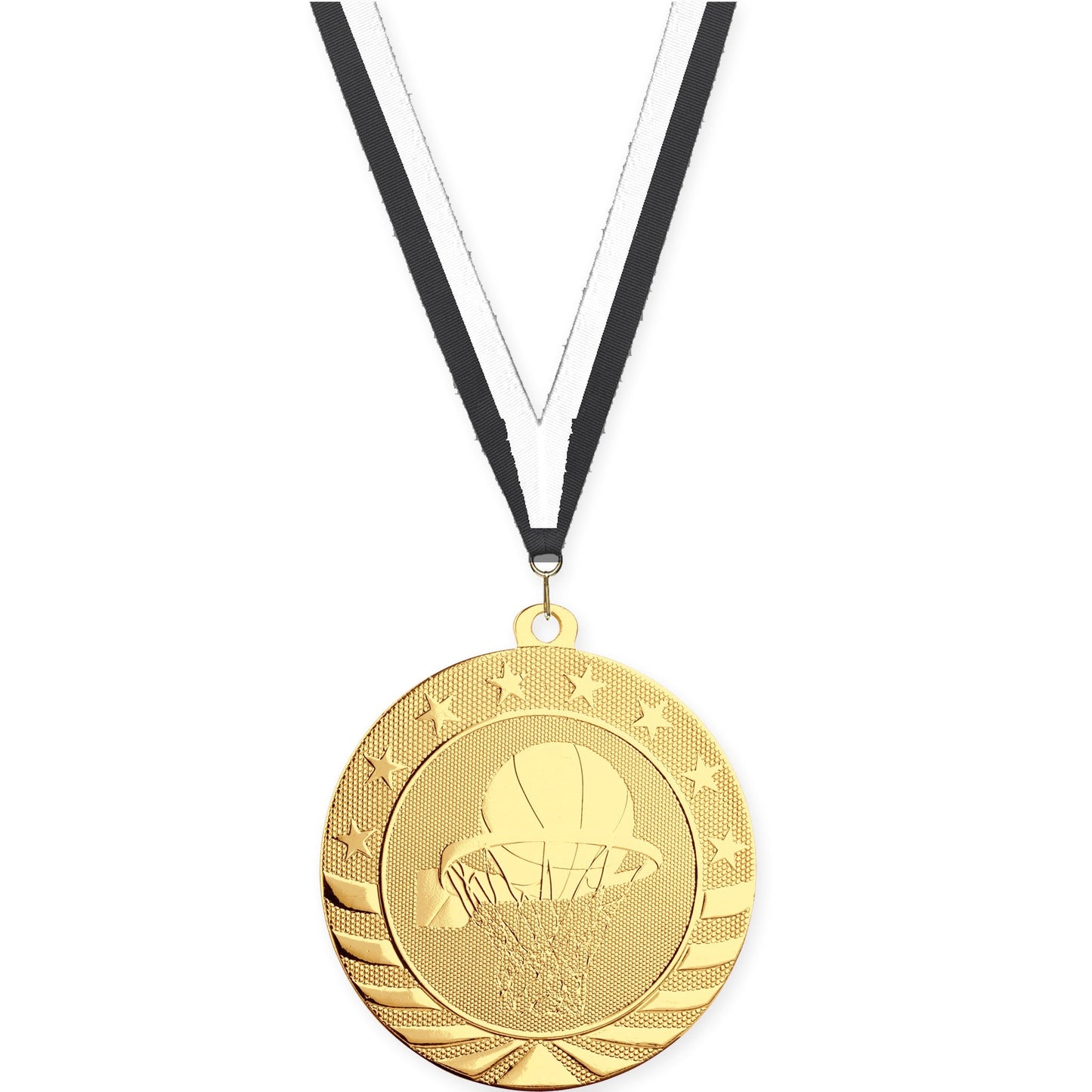 2 3/4 inch basketball Starbrite medal in bright gold with Black White neck ribbon