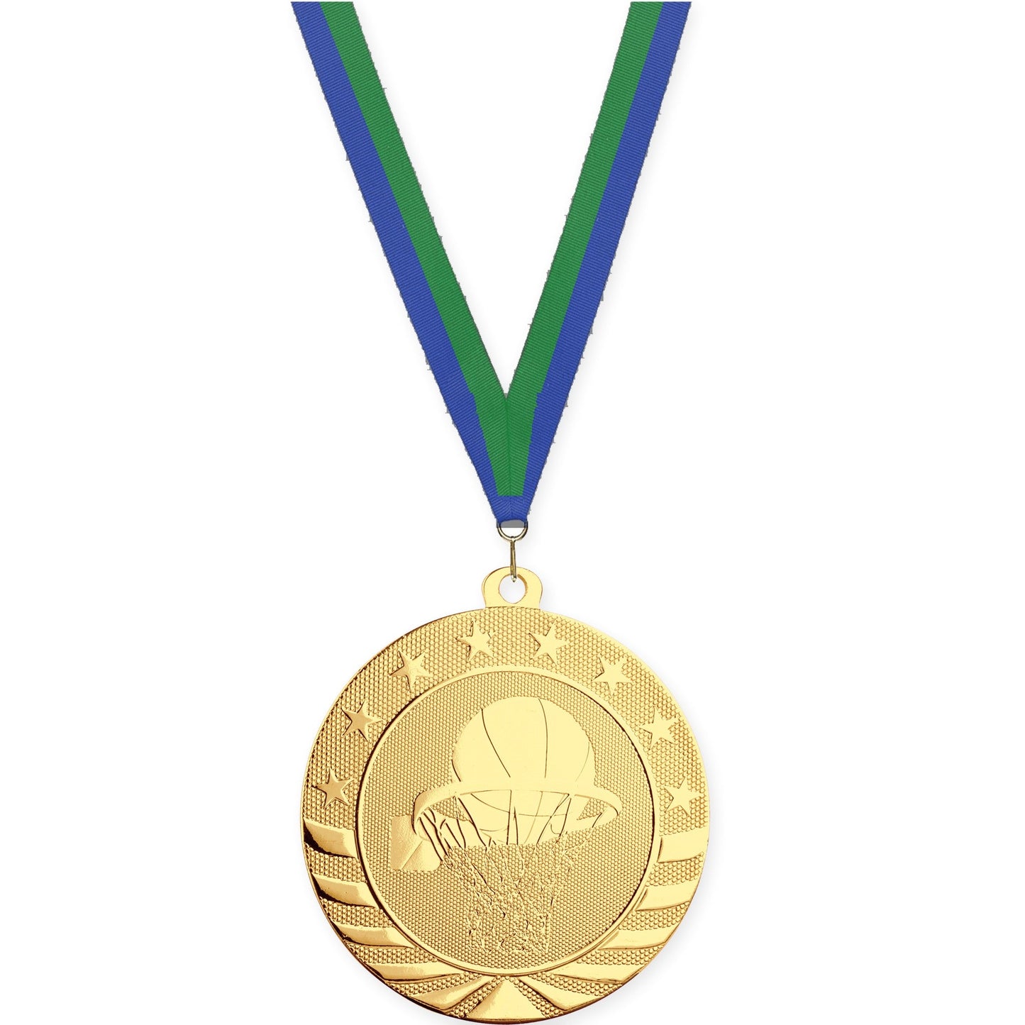 2 3/4 inch basketball Starbrite medal in bright gold with Blue Green neck ribbon