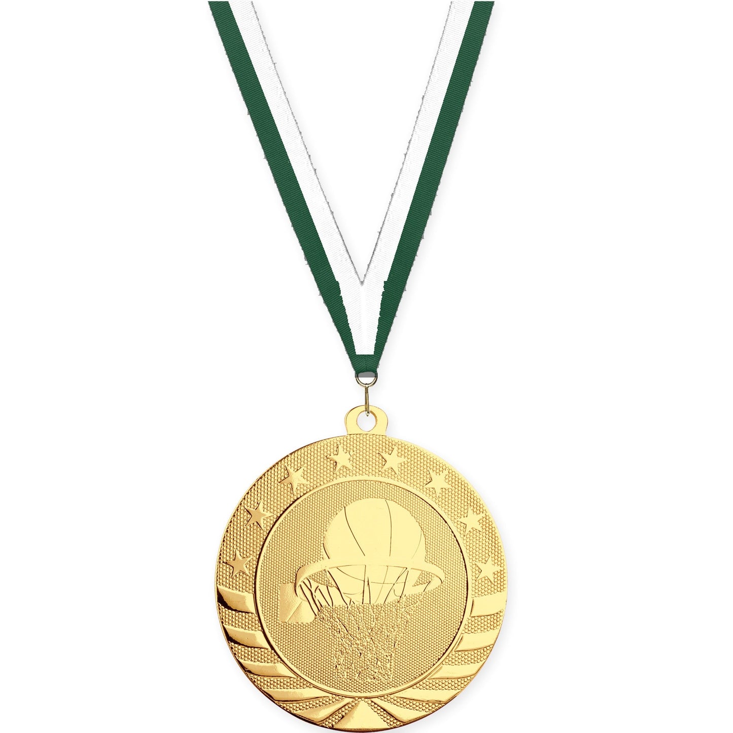 2 3/4 inch basketball Starbrite medal in bright gold with Hunter Green White neck ribbon