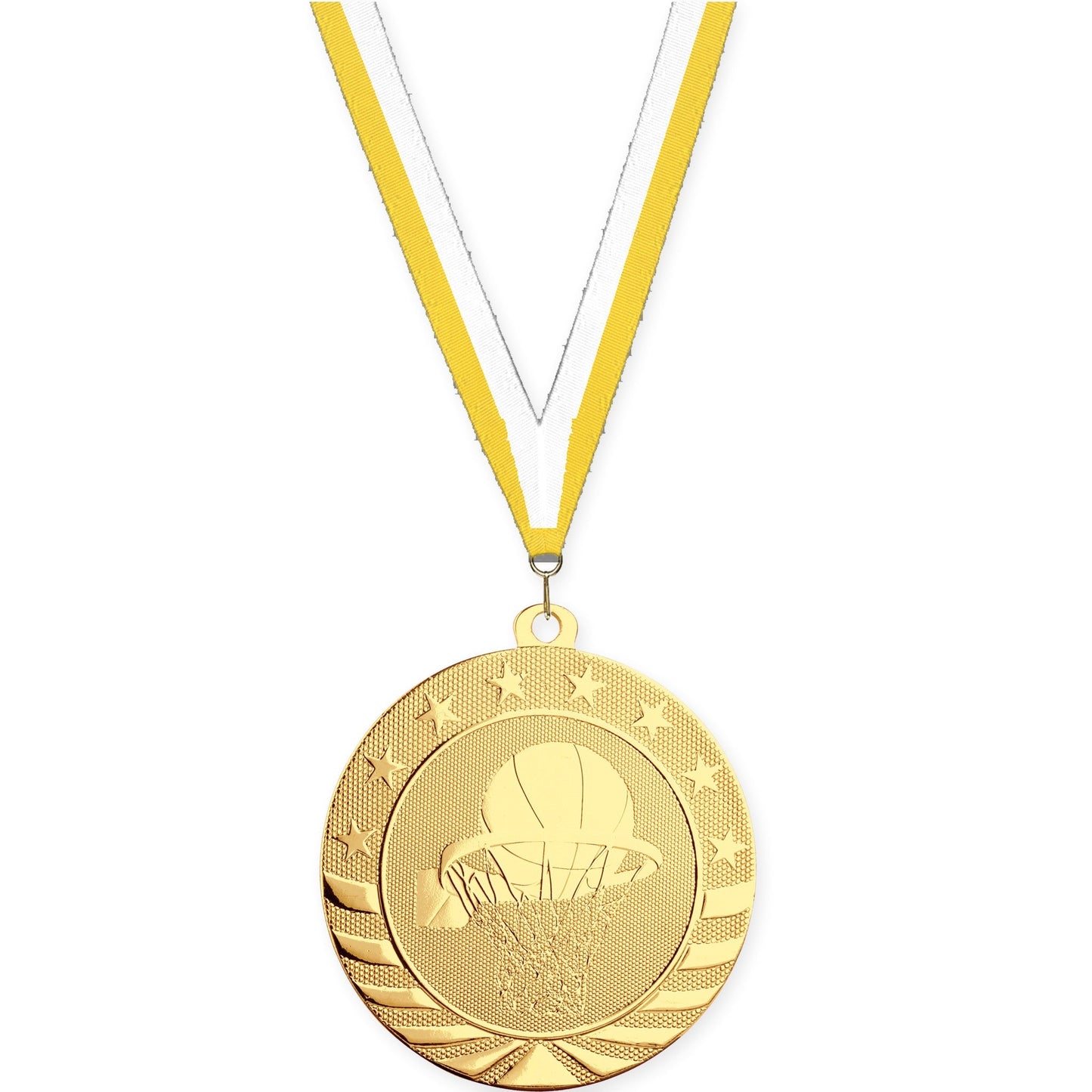 2 3/4 inch basketball Starbrite medal in bright gold with Yellow White neck ribbon