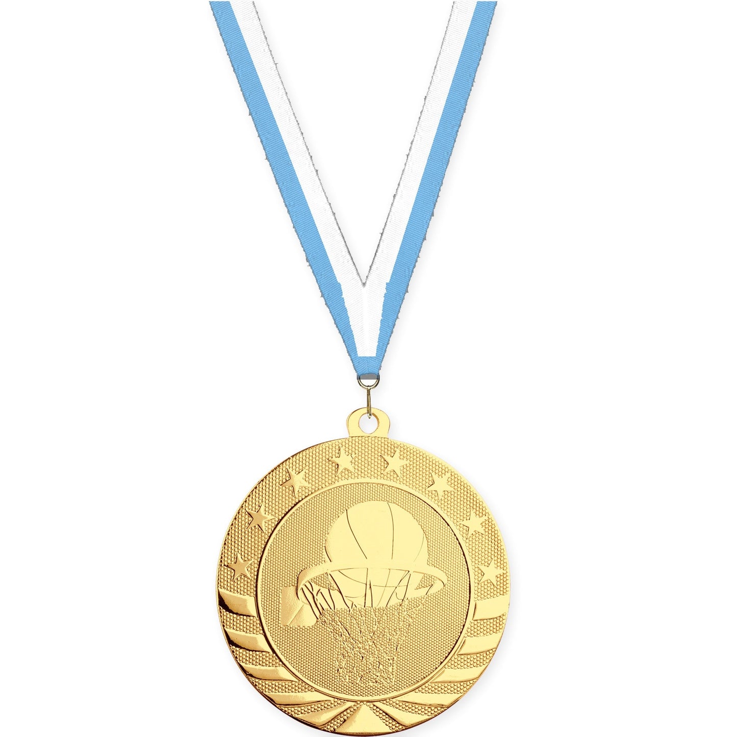2 3/4 inch basketball Starbrite medal in bright gold with Light Blue White neck ribbon