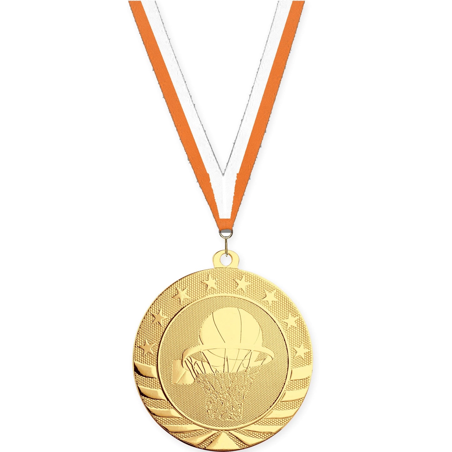 2 3/4 inch basketball Starbrite medal in bright gold with Orange White neck ribbon