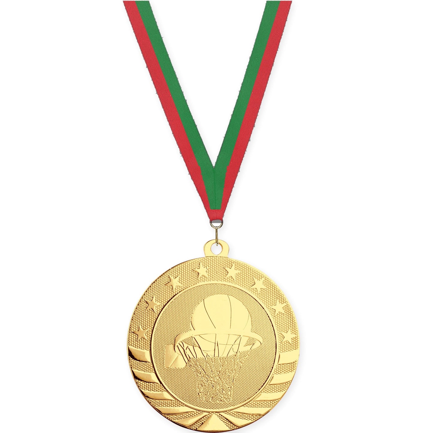 2 3/4 inch basketball Starbrite medal in bright gold with Red Green neck ribbon
