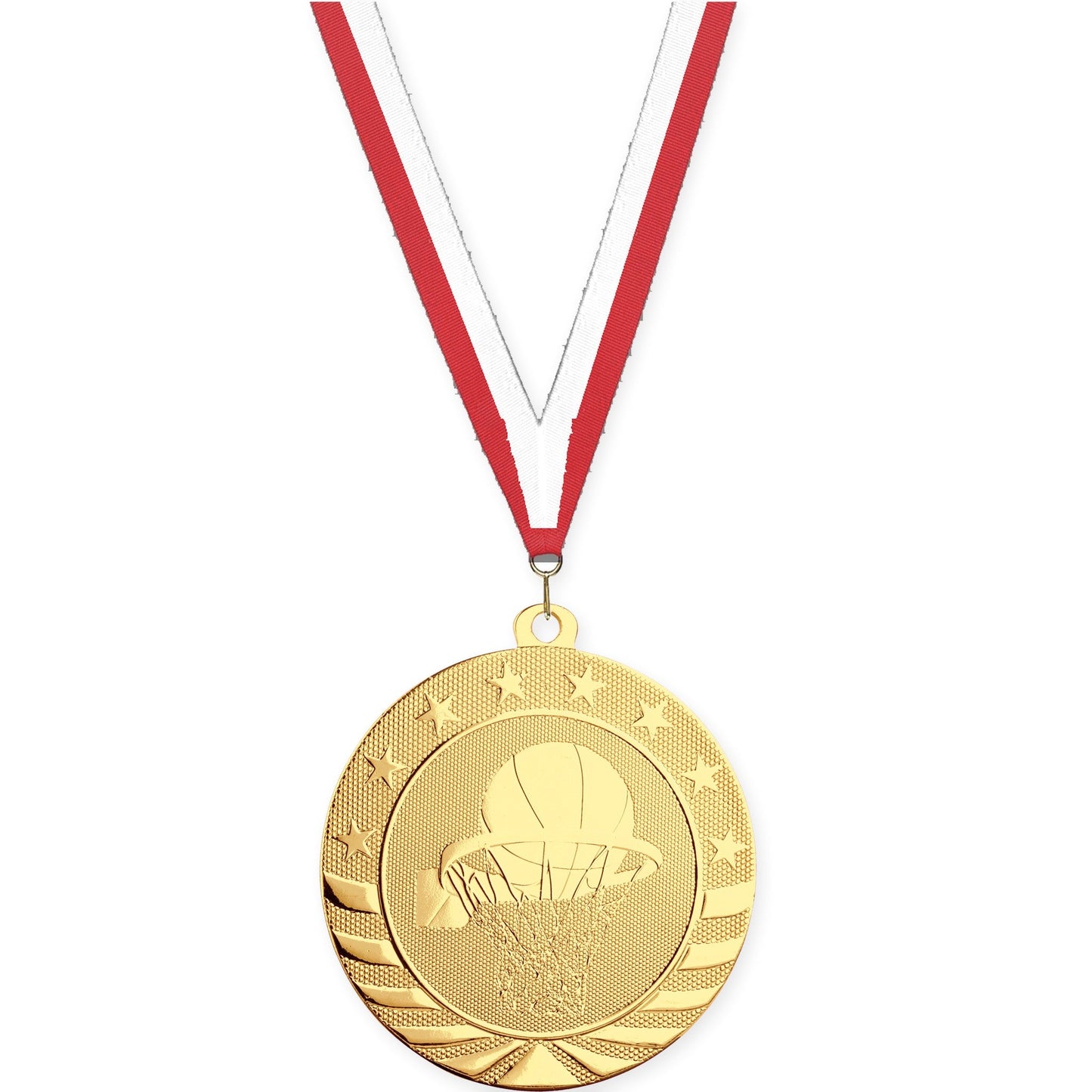 2 3/4 inch basketball Starbrite medal in bright gold with Red White neck ribbon