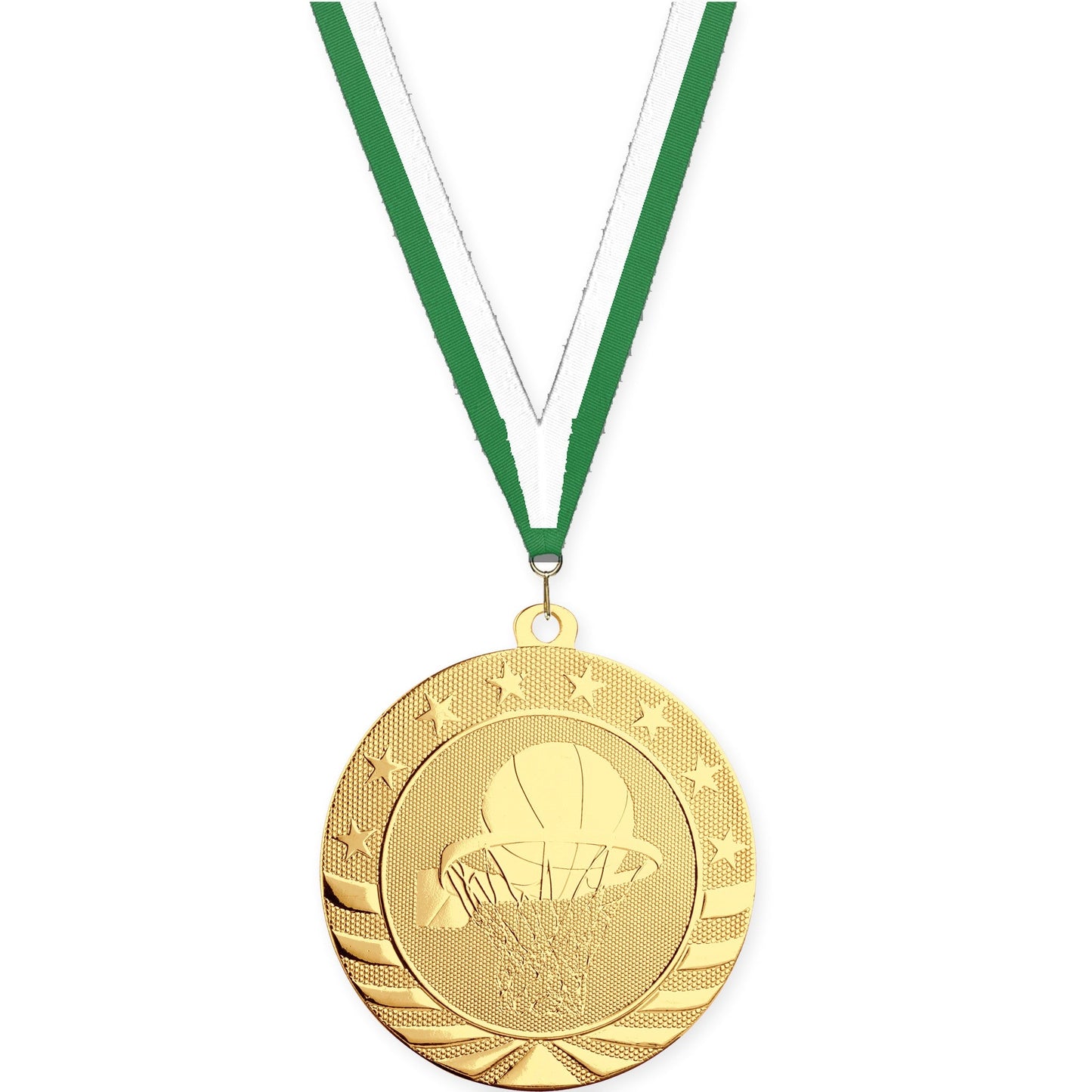2 3/4 inch basketball Starbrite medal in bright gold with Green White neck ribbon