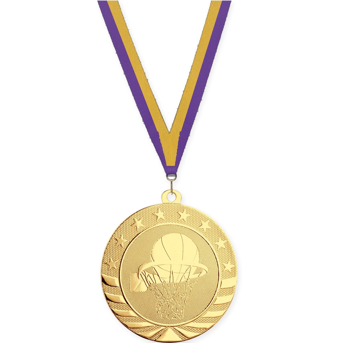 2 3/4 inch basketball Starbrite medal in bright gold with Purple Gold neck ribbon