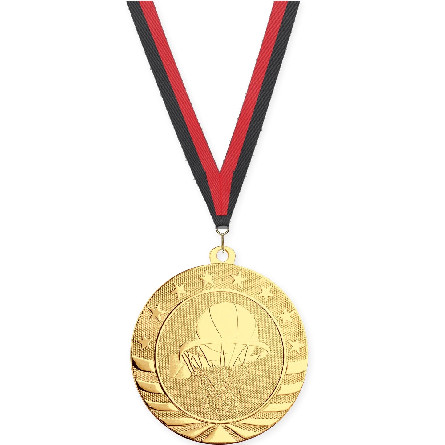 2 3/4 inch basketball Starbrite medal in bright gold with Black Red neck ribbon