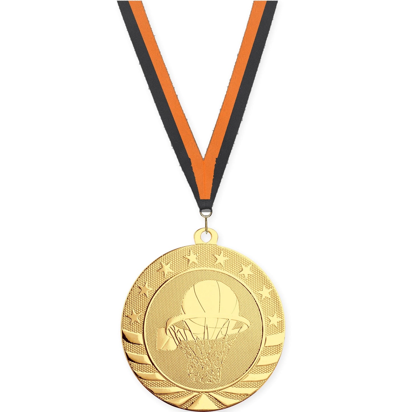 2 3/4 inch basketball Starbrite medal in bright gold with Black Orange neck ribbon