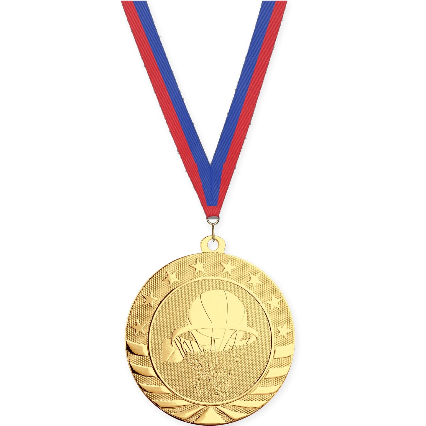 2 3/4 inch basketball Starbrite medal in bright gold with Blue Red neck ribbon