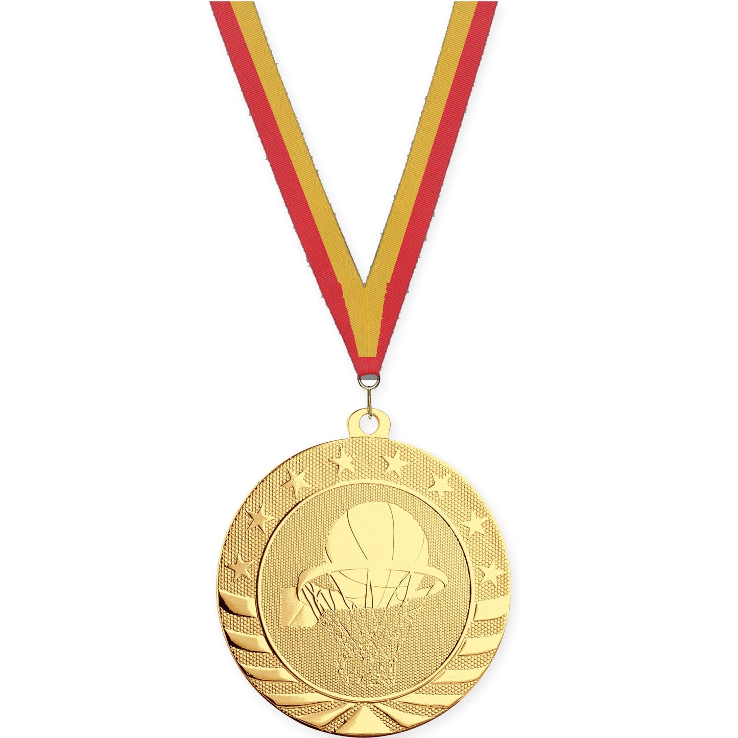 2 3/4 inch basketball Starbrite medal in bright gold with Red Gold neck ribbon