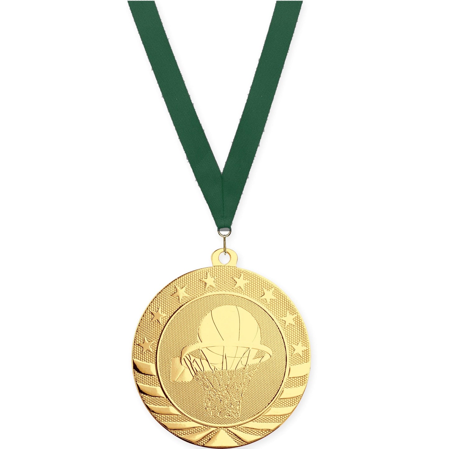 2 3/4 inch basketball Starbrite medal in bright gold with Hunter Green neck ribbon