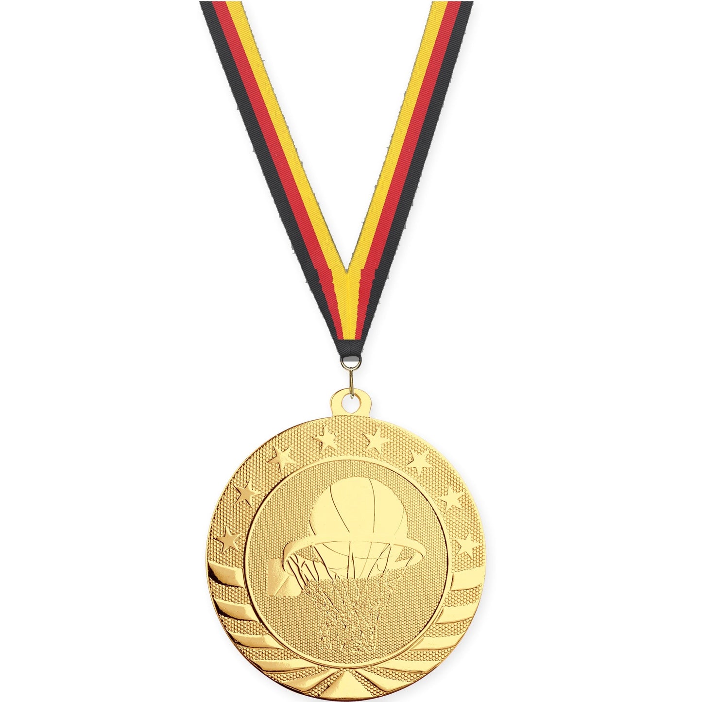 2 3/4 inch basketball Starbrite medal in bright gold with Black Red Yellow neck ribbon