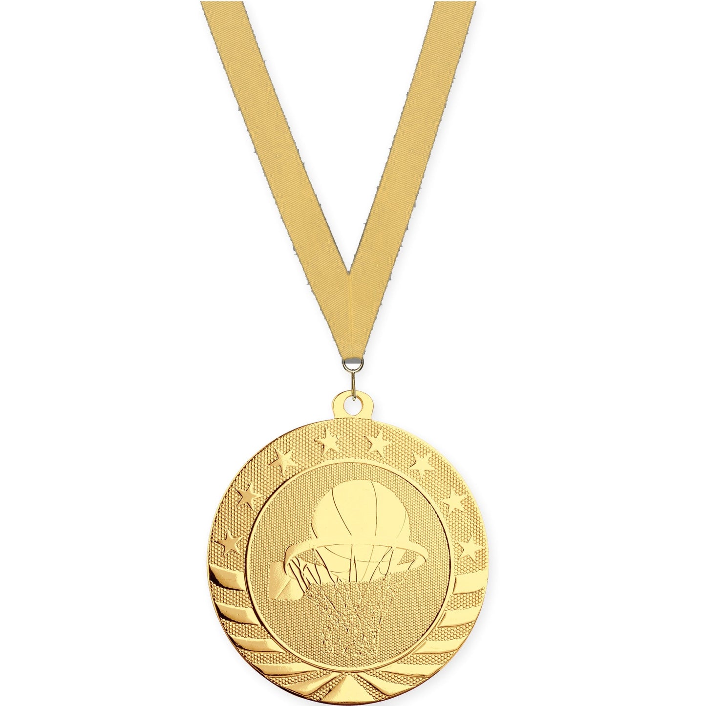 2 3/4 inch basketball Starbrite medal in bright gold with Gold Metallic neck ribbon