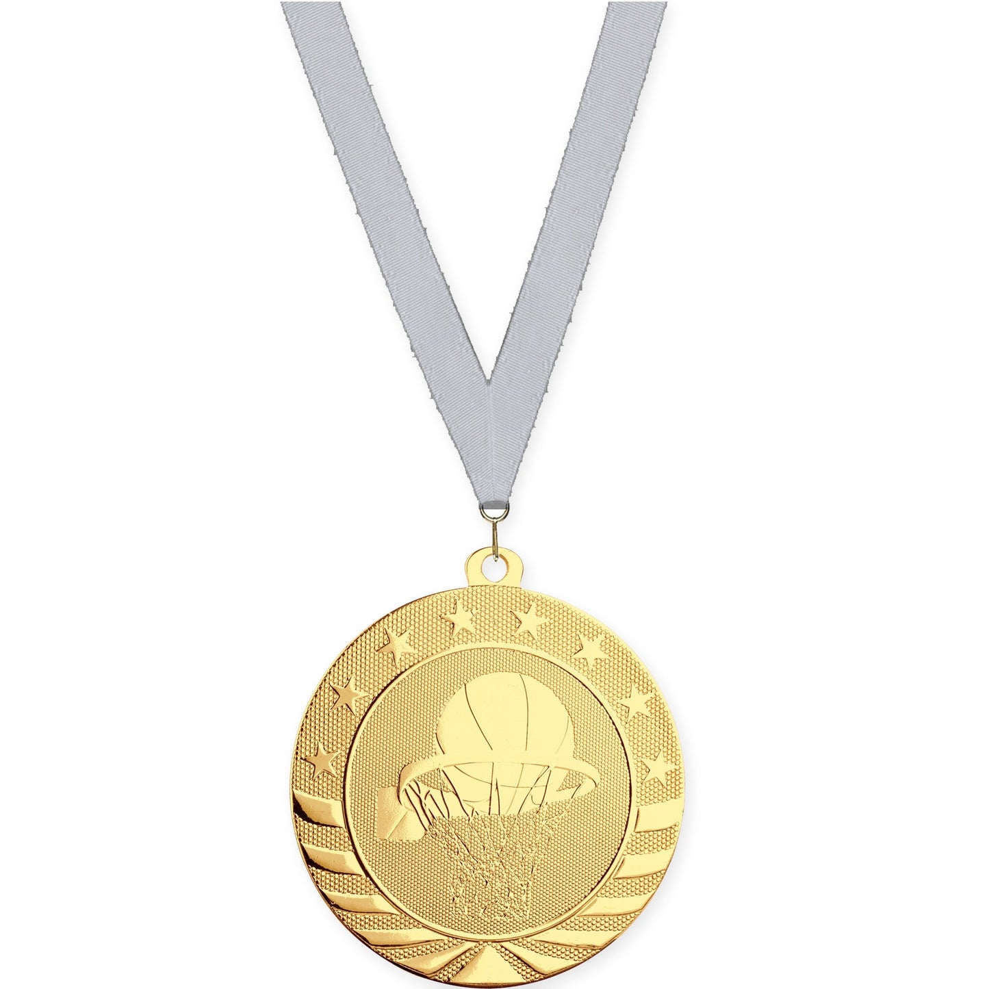 2 3/4 inch basketball Starbrite medal in bright gold with Silver Metallic neck ribbon