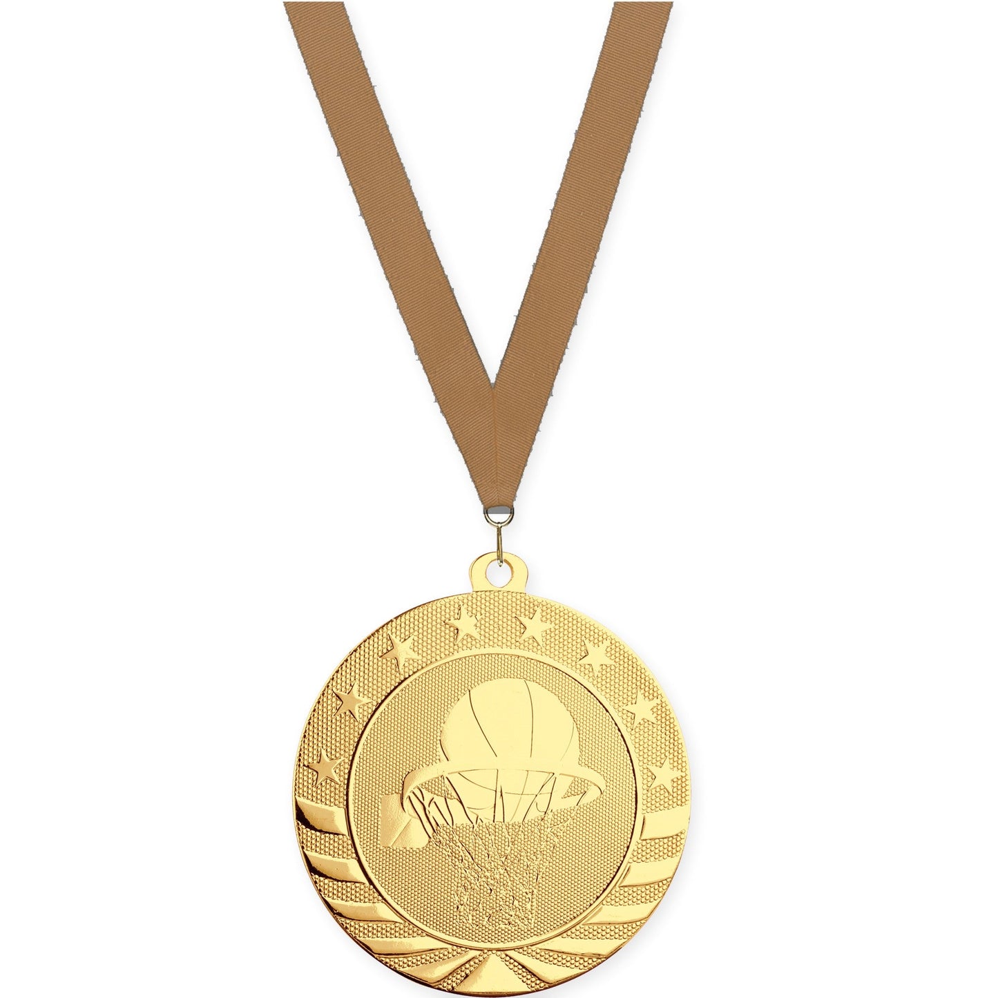 2 3/4 inch basketball Starbrite medal in bright gold with Bronze Metallic neck ribbon
