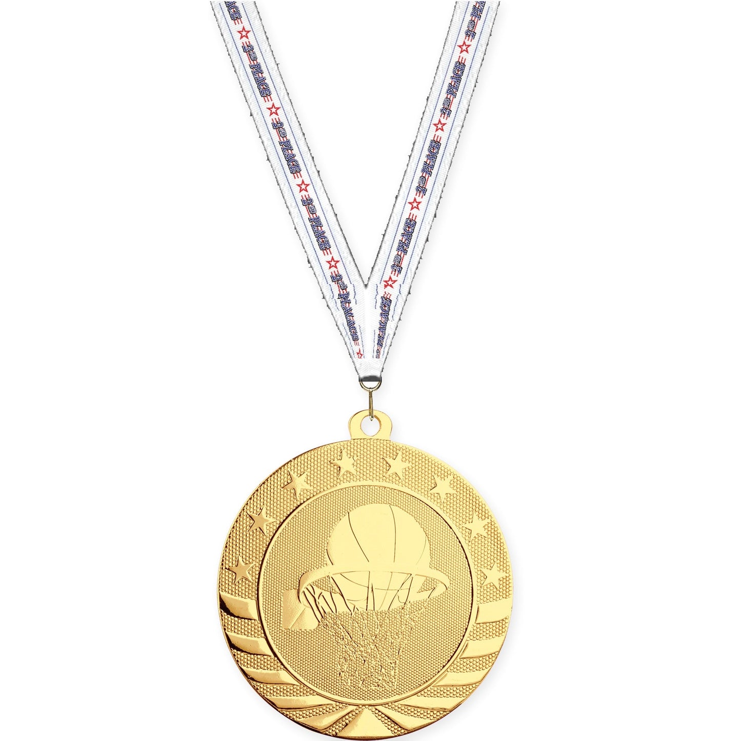 2 3/4 inch basketball Starbrite medal in bright gold with 2nd Place neck ribbon