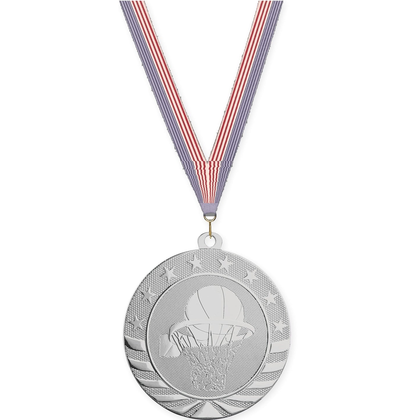 2 3/4 inch basketball Starbrite medal in bright silver with USA Flag neck ribbon