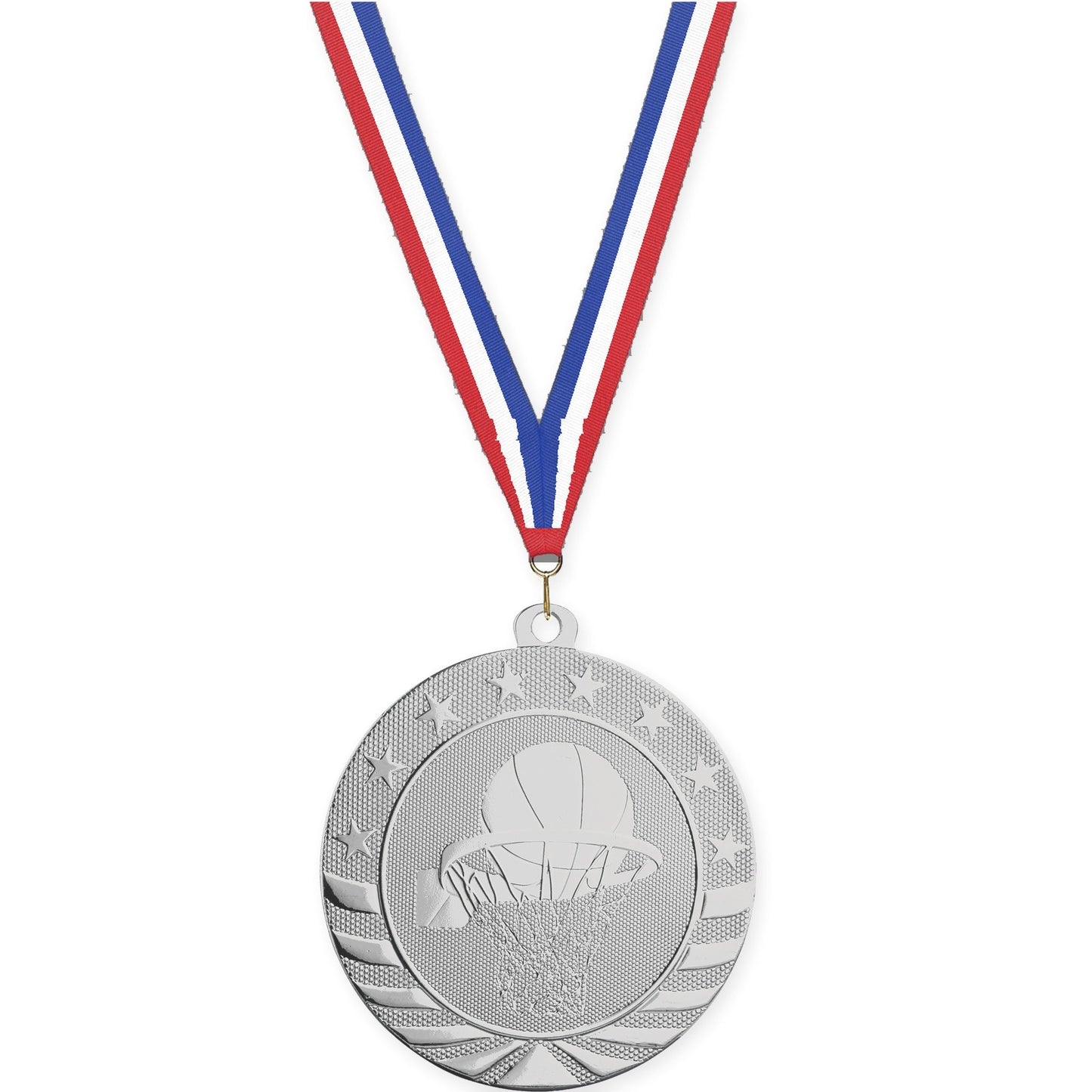 2 3/4 inch basketball Starbrite medal in bright silver with Red White Blue neck ribbon
