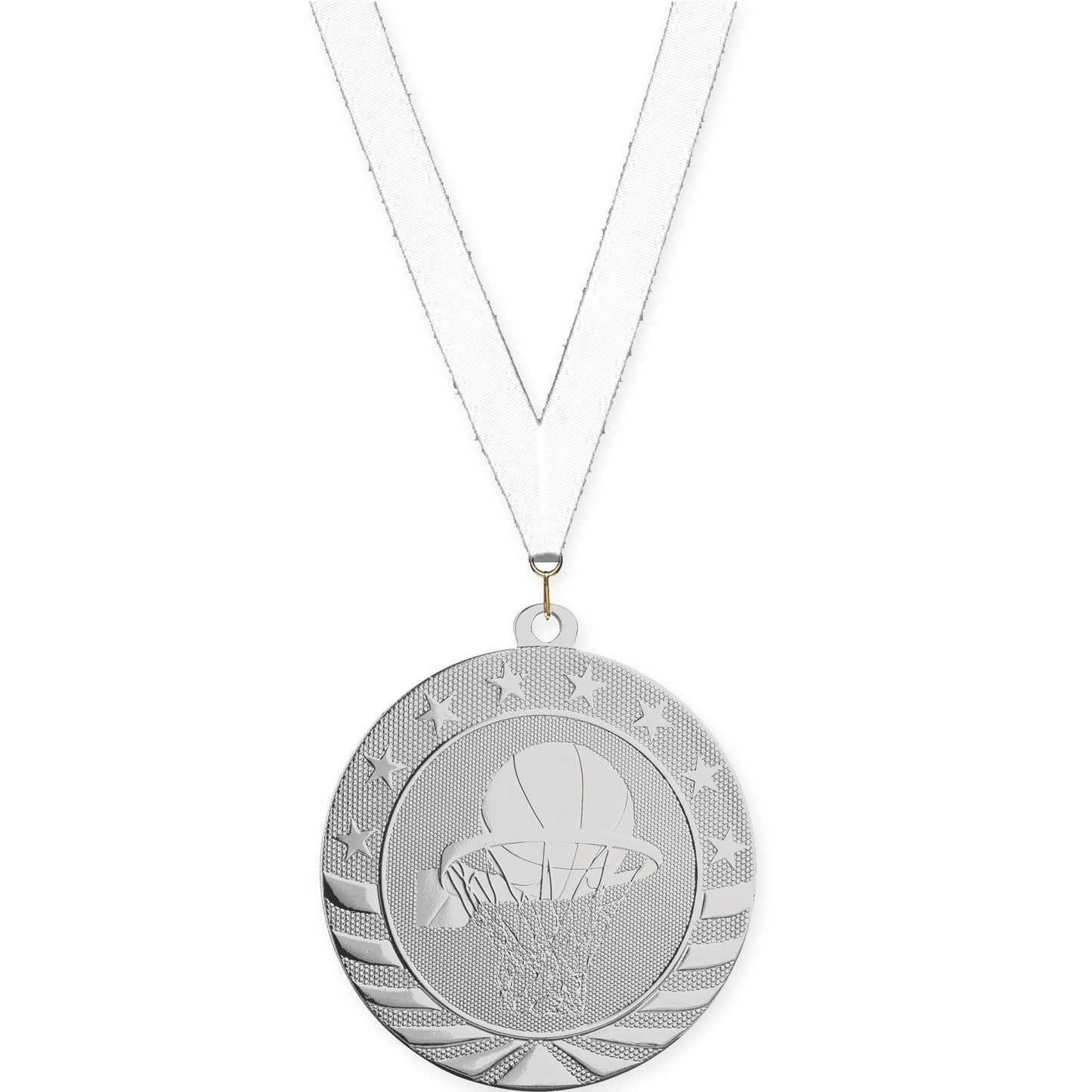2 3/4 inch basketball Starbrite medal in bright silver with White neck ribbon