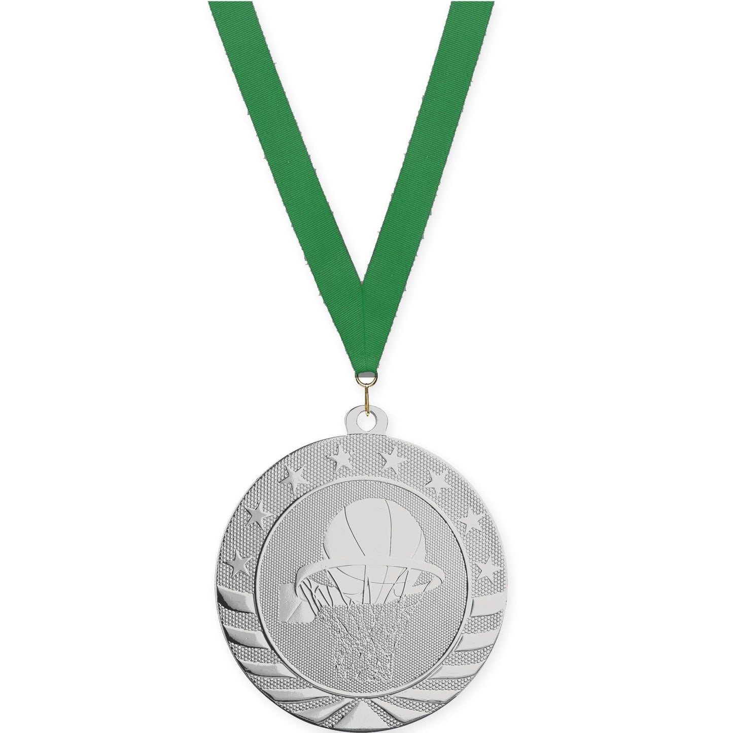 2 3/4 inch basketball Starbrite medal in bright silver with Green neck ribbon